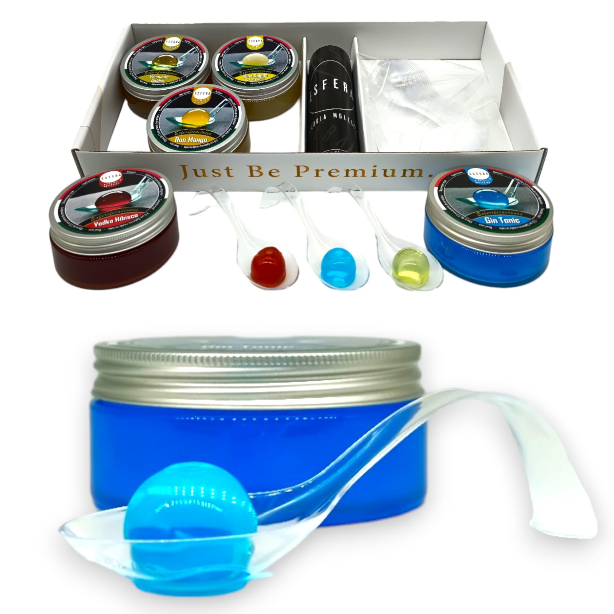 Esfera Mixología Molecular - Esferificaciones Kit con Alginato de Sodio - Cocteles Preparados - Kit 3 Sabores de Cocteleria - Kit Gin Tonic Regalo Original Gourmet - Tonica de Corte Molecular