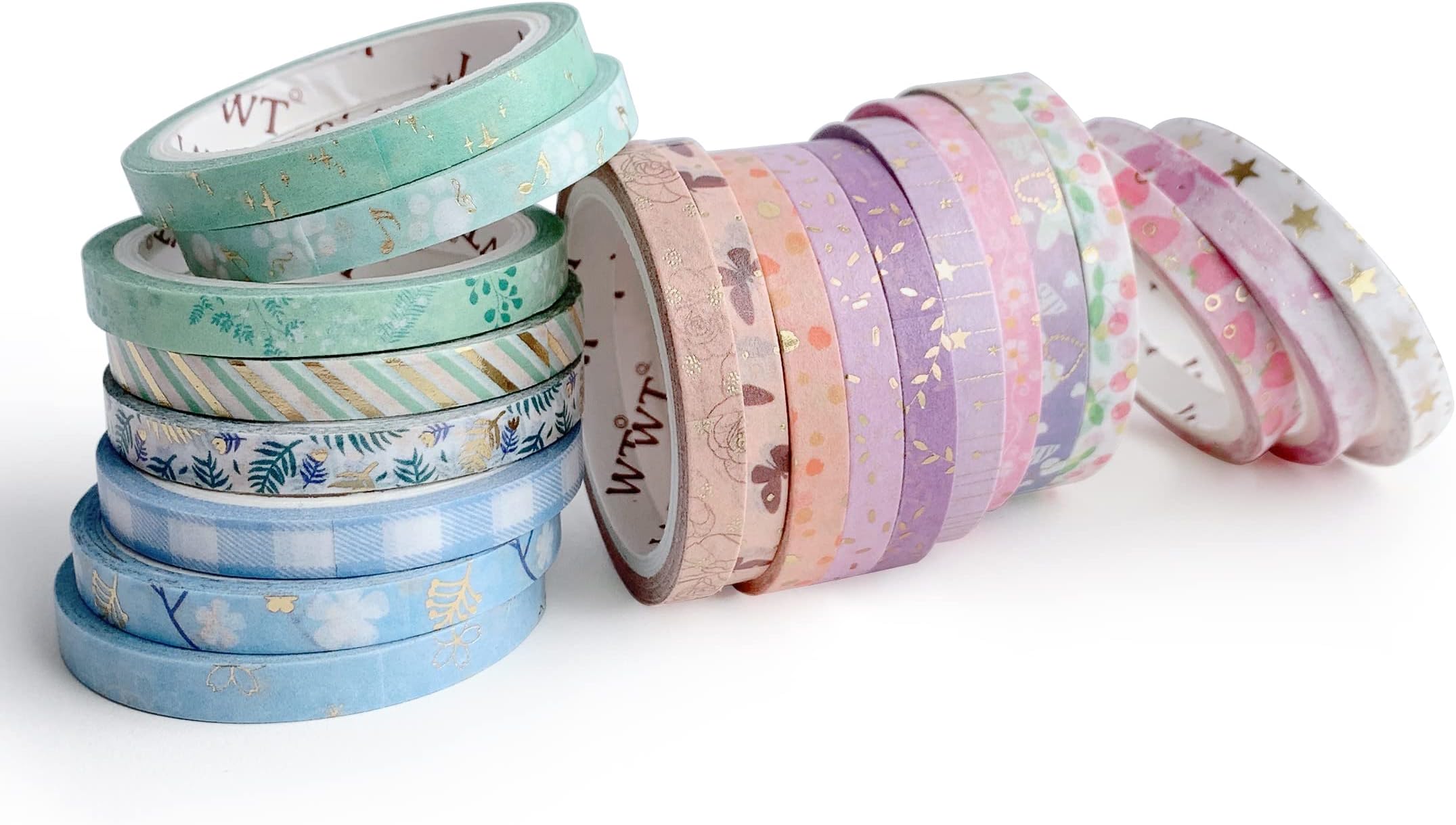 WT Summer Slim Washi Tape Set, 20 Rolls, Original Designs, Gold Foil Slim Decorative Masking Tape, Adhesive Wrapping Tape, Bujo Planner Supplies, Skinny Craft Tape, DIY Paper Tape