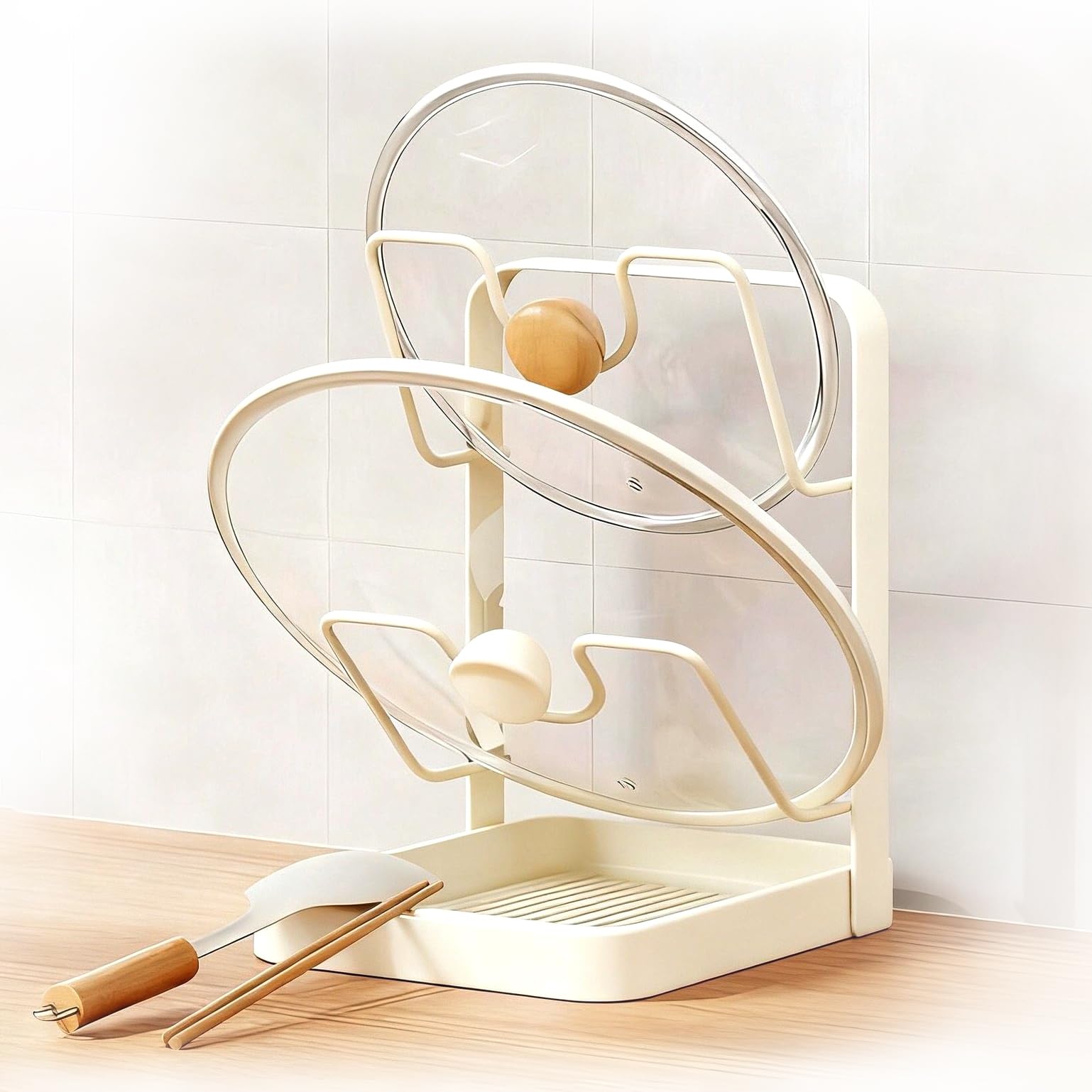 U-shaped Groove Pots Cutting Board Holder, Kitchen Pot Lid Storage Rack, Pot Lid Holder while Cooking with Removable Drip Tray, Multifunctional Kitchen Pot Cover Organizer (White, Double-layer)
