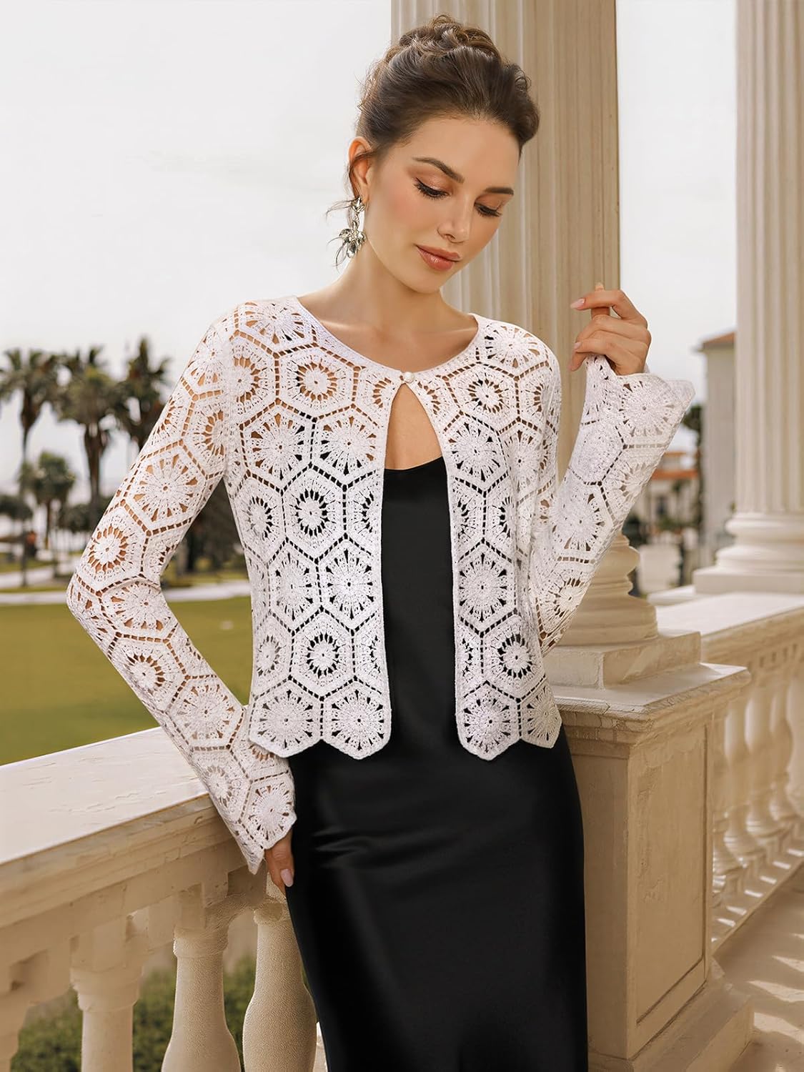 FAIRY SEASON Women's One-Button Crochet Cardigan with Golden Thread, Vintage Cropped Hollow Out Knit Shrug for Formal Events - Image 2