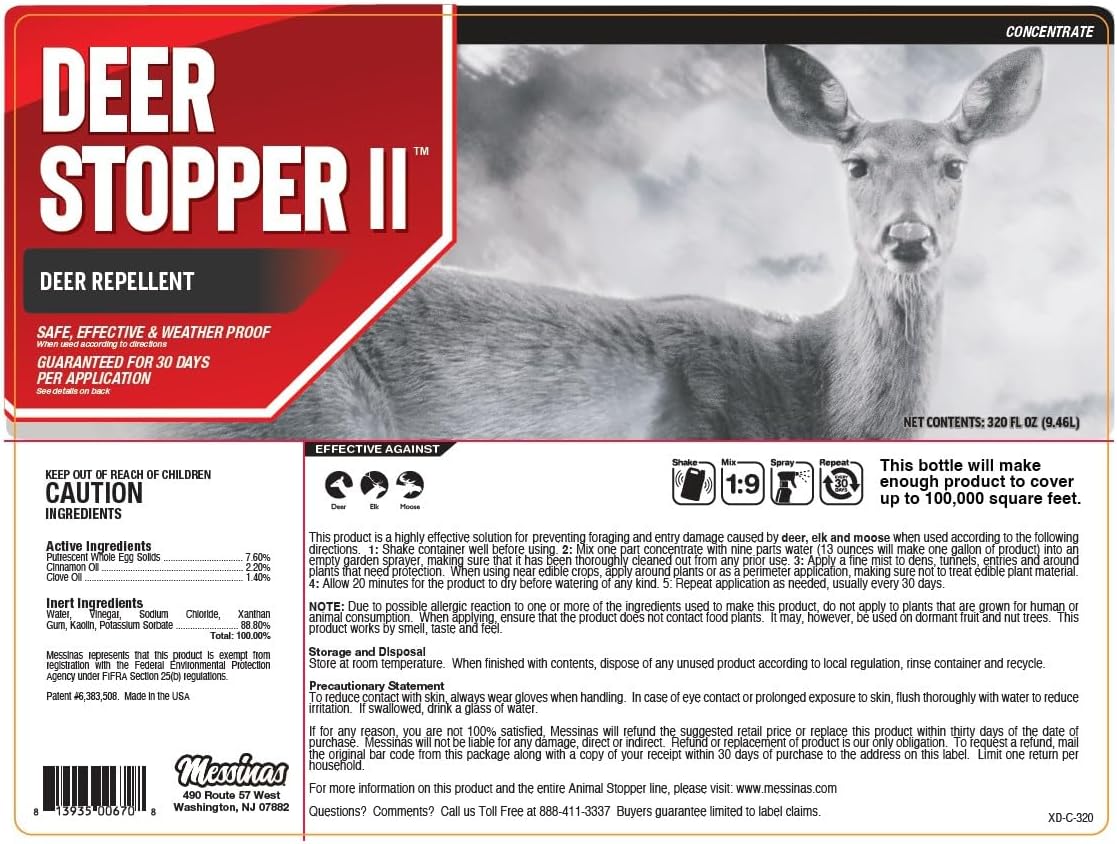 Deer Stopper II, Liquid Animal Stopper Repellent, All Natural, Effective All Year Round, Safe for People and Pets, No Harsh Chemicals, Ready to Use, Deer & Elk Repellent - 2.5 Gallon Concentrate