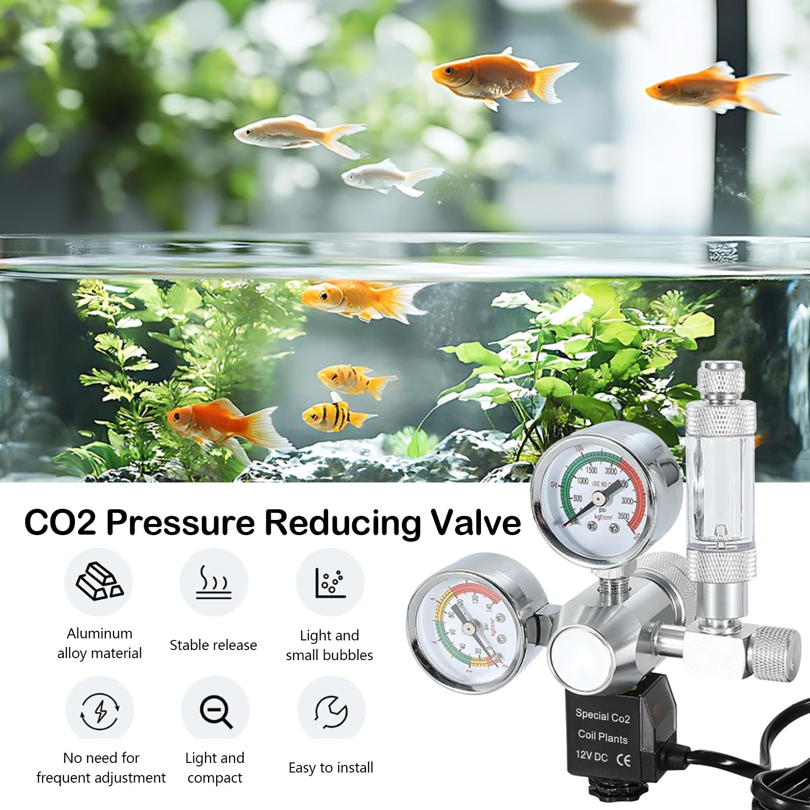 RéGulateur De Co2 pour Aquariums, Réducteur De Pression De Co2 pour Aquarium Planté Double Affichage De Jauge, avec Système De Clapet Anti-Retour à Compteur De Bulles Et éLectrovanne Interface W21.8
