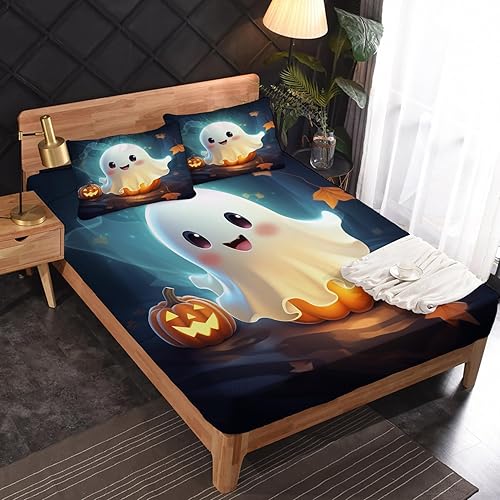 Miniatura 203 de Sábanas de Halloween tamaño individual – Juego de sábanas espeluznantes de calabaza murciélago para niños y niñas, juego de sábanas temáticas