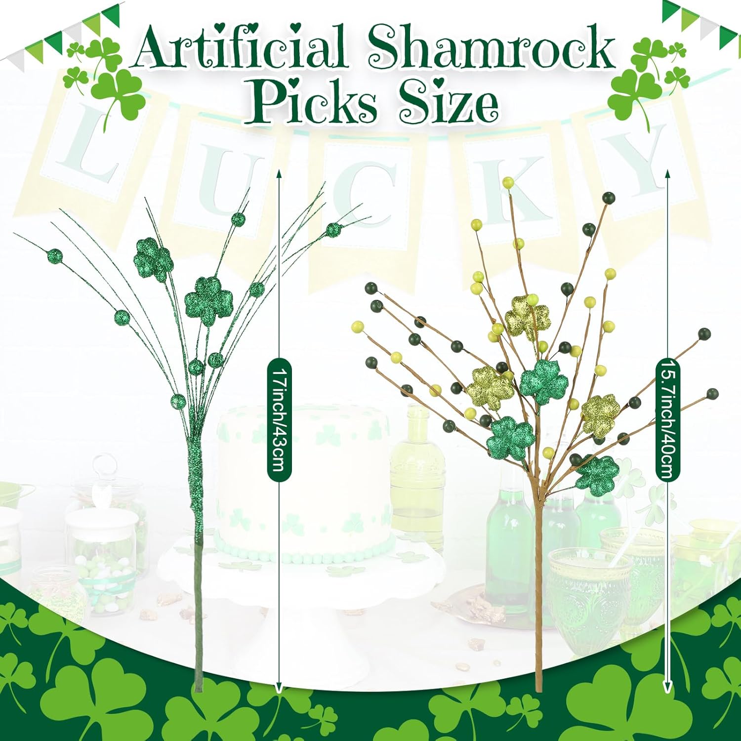Giegxin 24Pcs St. Patrick's Day Decorations Artificial Shamrock Picks 17" Clover Stems Picks Fake Floral Bunch Decor Green Artificial Flowers Twig Stem for Irish St. Patrick's Day Table Home Decor