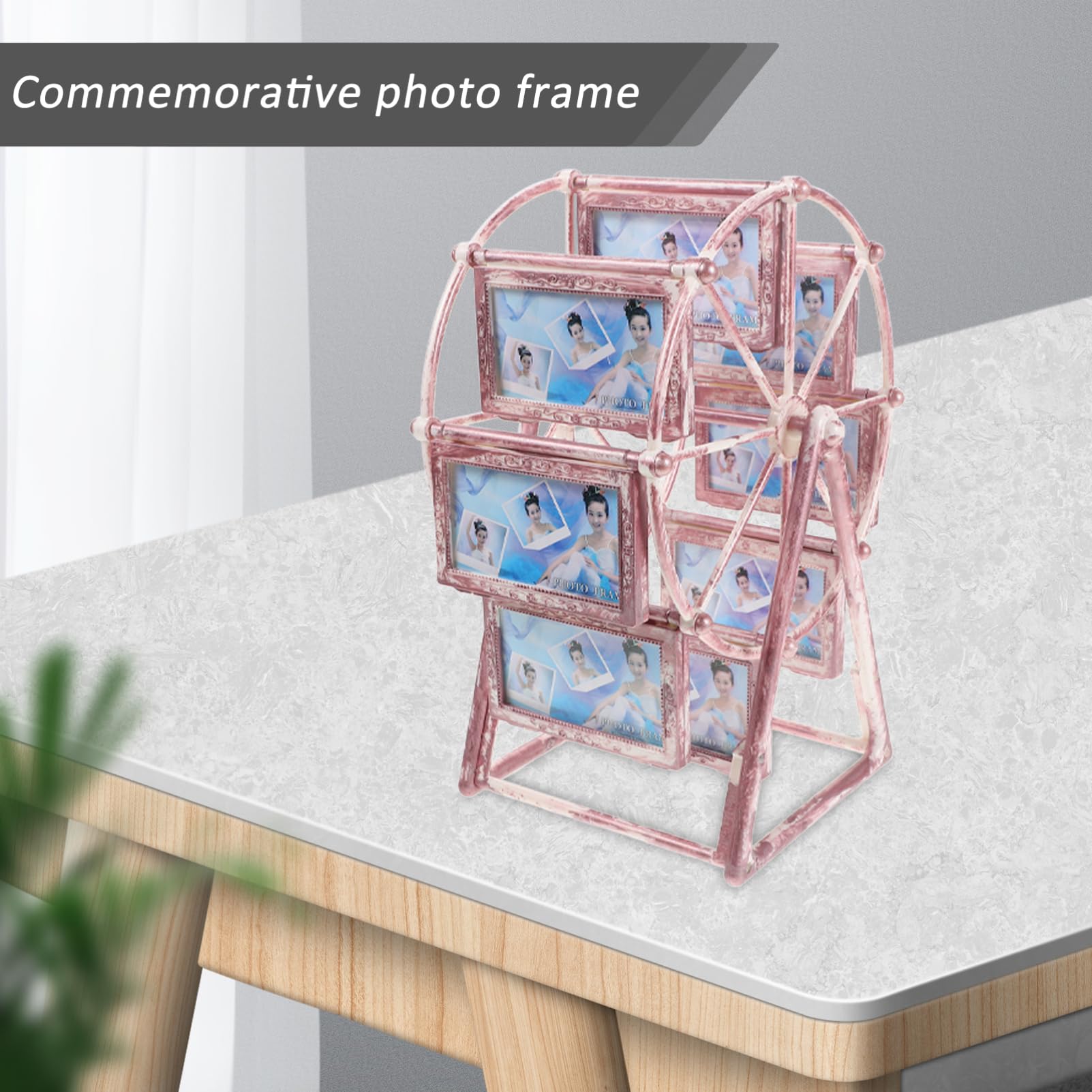 Riesenrad Fotorahmen aus Abs, Drehbar, Rosa für Schreibtisch | Familienfotos als Tischdeko, Kreative Form für Selbstgemacht und Hochzeiten, Leicht zu Reinigen