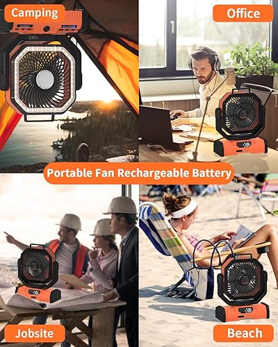 Miniatura 7 de ADUST Ventilador de campamento de 12 pulgadas, funciona con pilas, con linterna LED, ventilador oscilante portátil recargable de 44000 mAh con