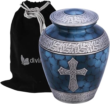 Elite Cross Cloud Cremation Urn - Large Adult Urn - Urn for Ashes - Handcrafted Affordable Urn for Human Ashes with Velvet Bag Blue Cross