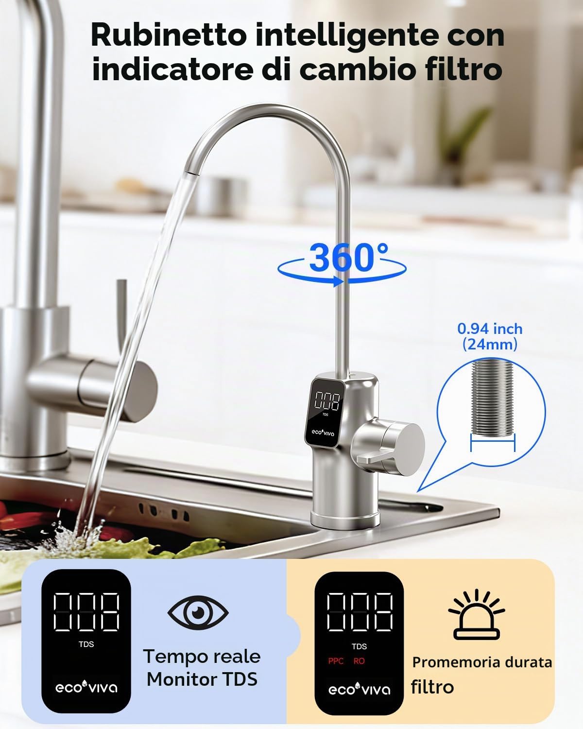 Ecoviva Impianto ad osmosi inversa E8 con, 800 GPD (3028 L/giorno), filtro acqua potabile, filtro a 9 stadi RO, filtro per l'acqua sotto il tavolo, rapporto risparmio 2,5:1