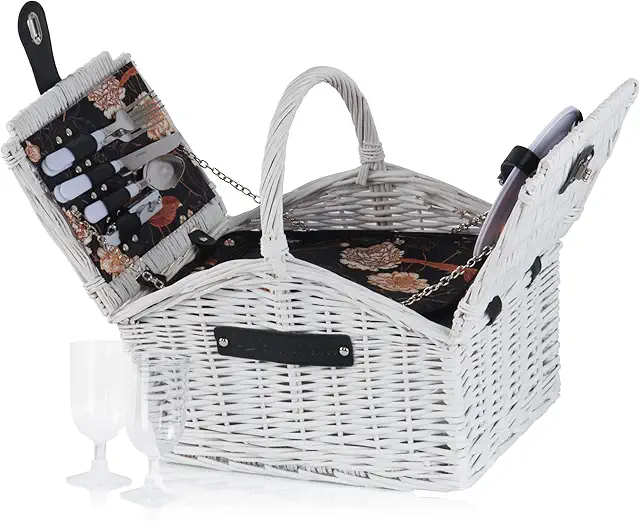 CampFeuer Picknickkorb 2 Personen mit Geschirr-Set und Kühlfach | Weiß | Picknickkoffer