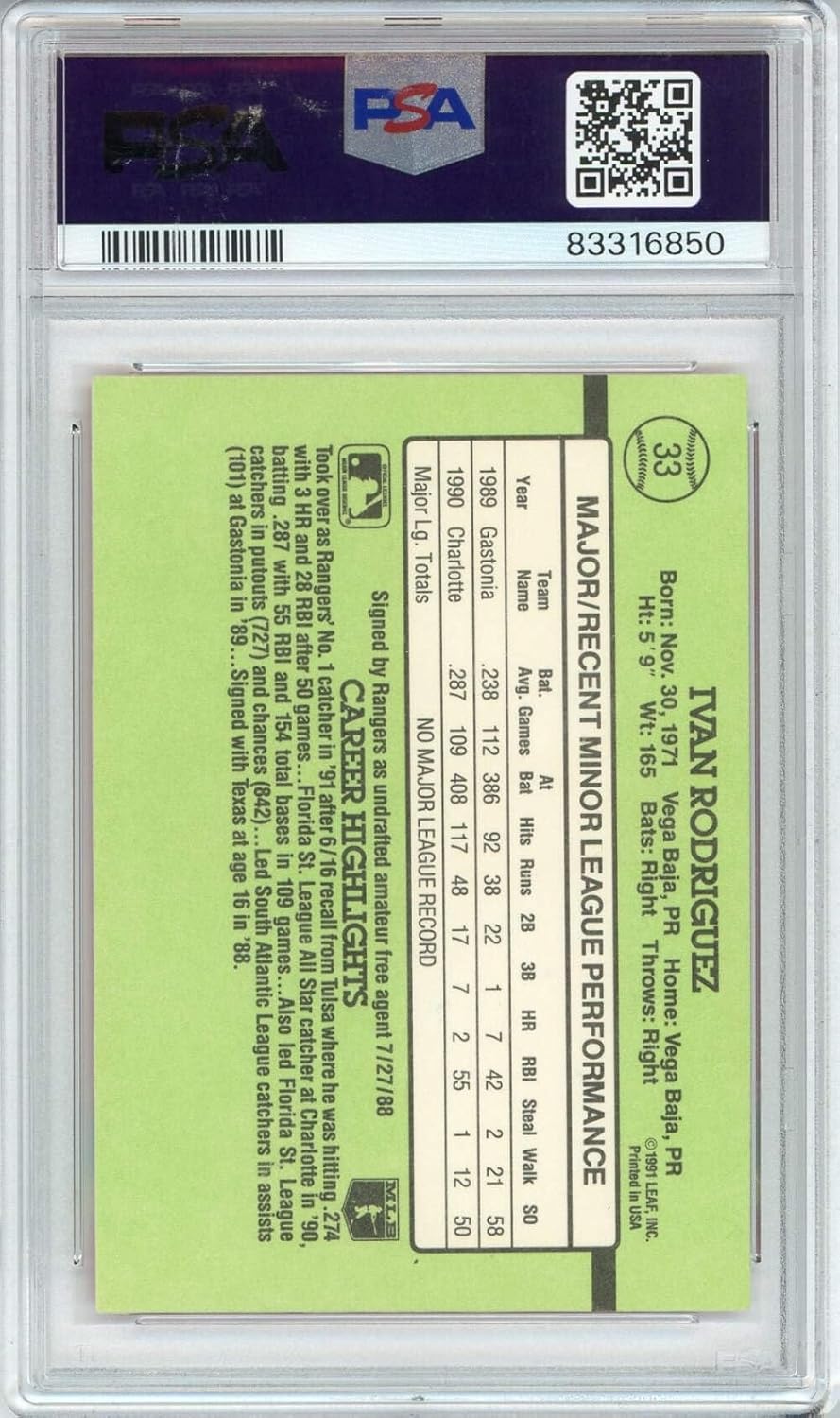 Graded 1991 Donruss Ivan Pudge Rodriguez #33 Rookie RC Baseball Card PSA 9 Auto Grade Mint