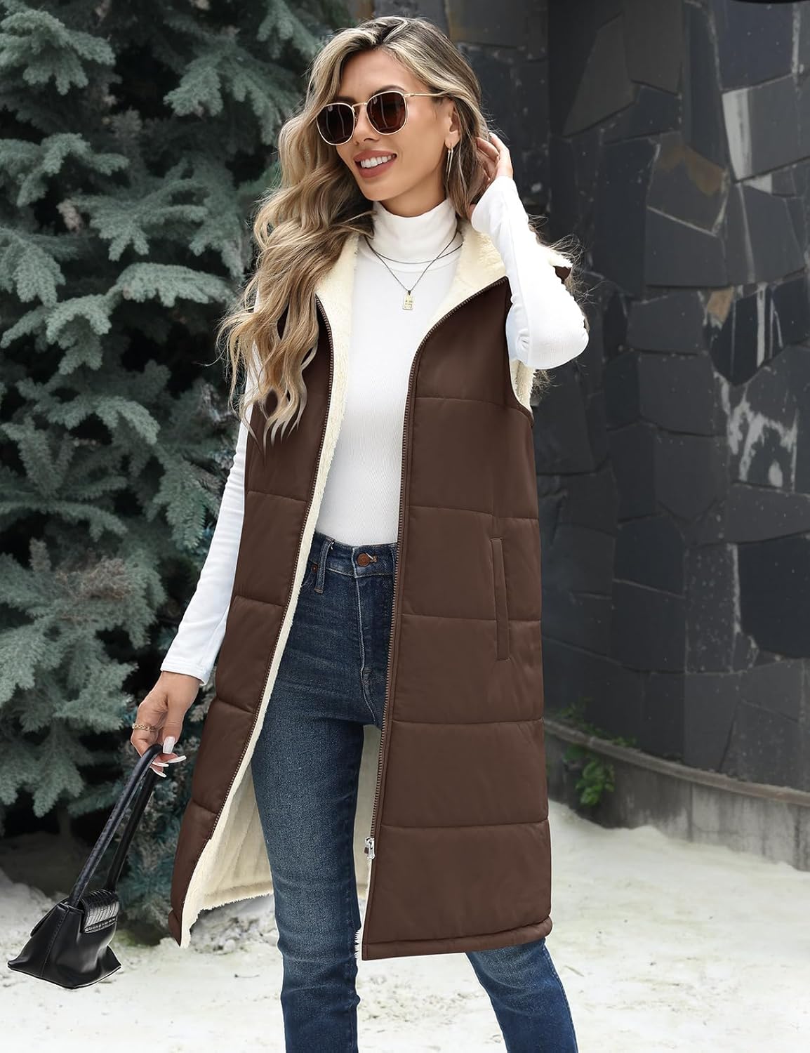 Womens Long Fleece Vest Sleeveless Zip Vest Sherpa Quilted Jacket Trendy Warm Fall Winter Coat Outerwear 2025 - Image 9