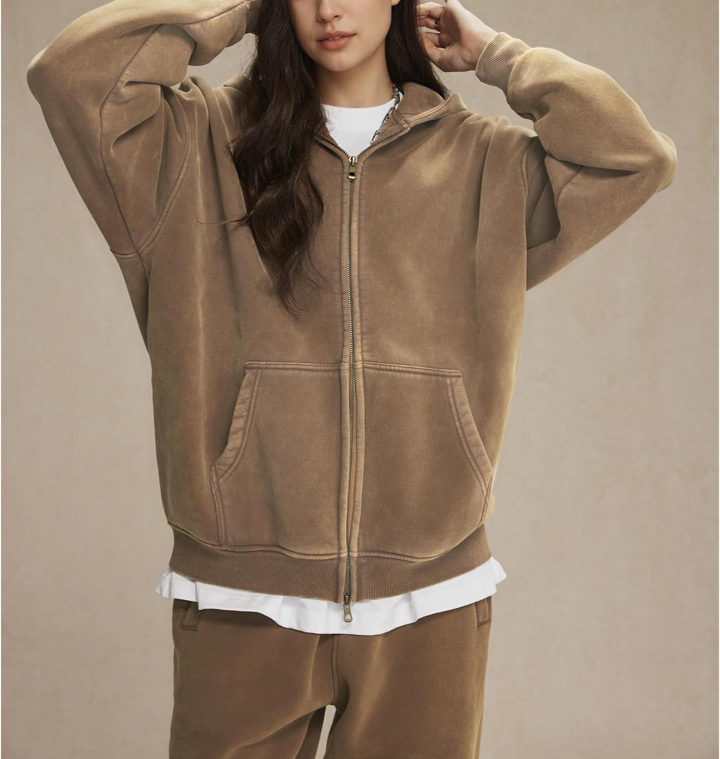 Womens Double Zip Up Hoodies Oversized Heavyweight Fleece Sweatshirt Acid Wash Hoodie Vintage Distress Cotton Jacket - Image 8