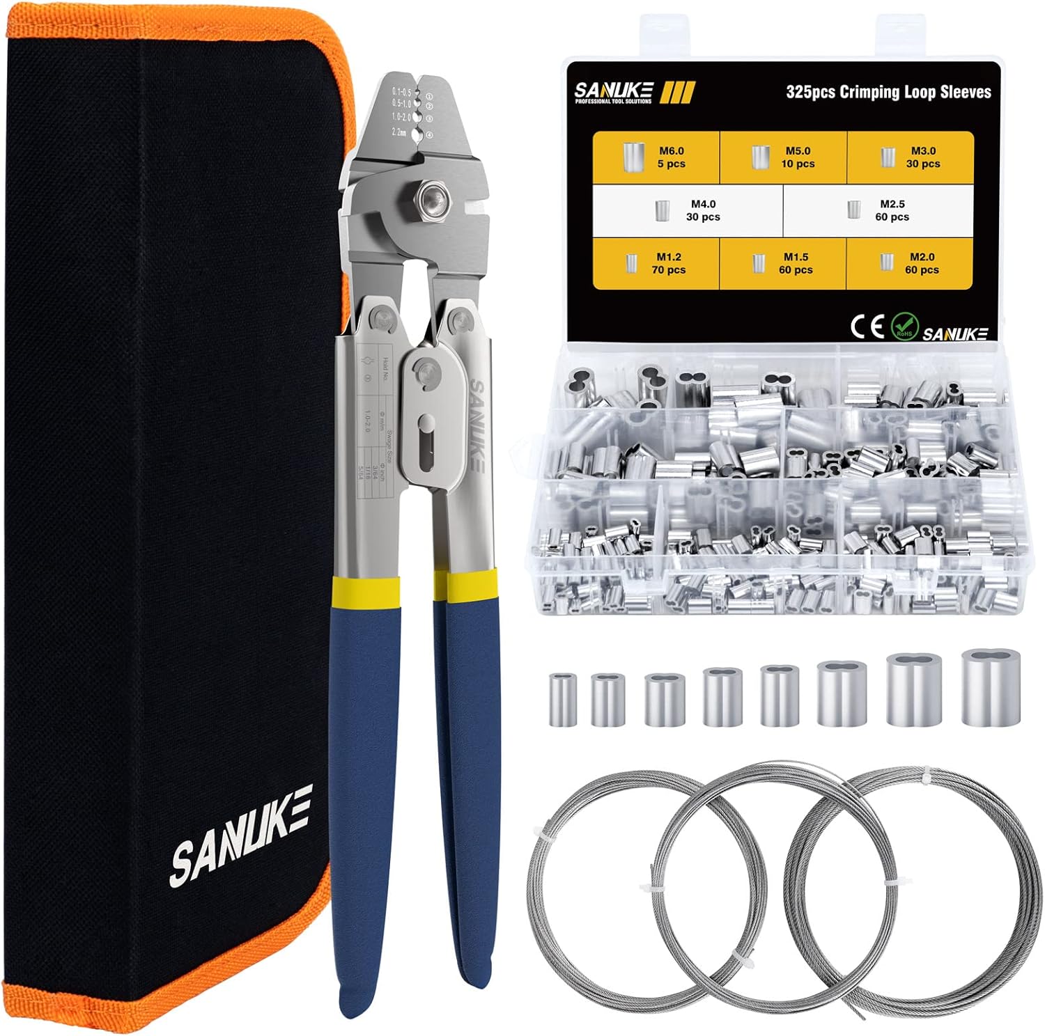 325pcs 8 Sizes Wire Rope Sleeves Kit, Wire Rope Crimping Tool with Bag, Stainless Steel and Wire Rope