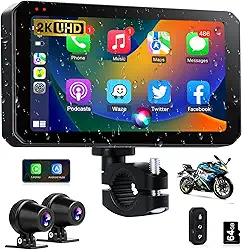 Carplay para motocicleta com câmera veicular 2K à prova d'água para Apple Carplay e tela automotiva Android de 5,5 polegadas sem fio com navegação GPS/Dual BT/Siri, controle de voz do Google, controle