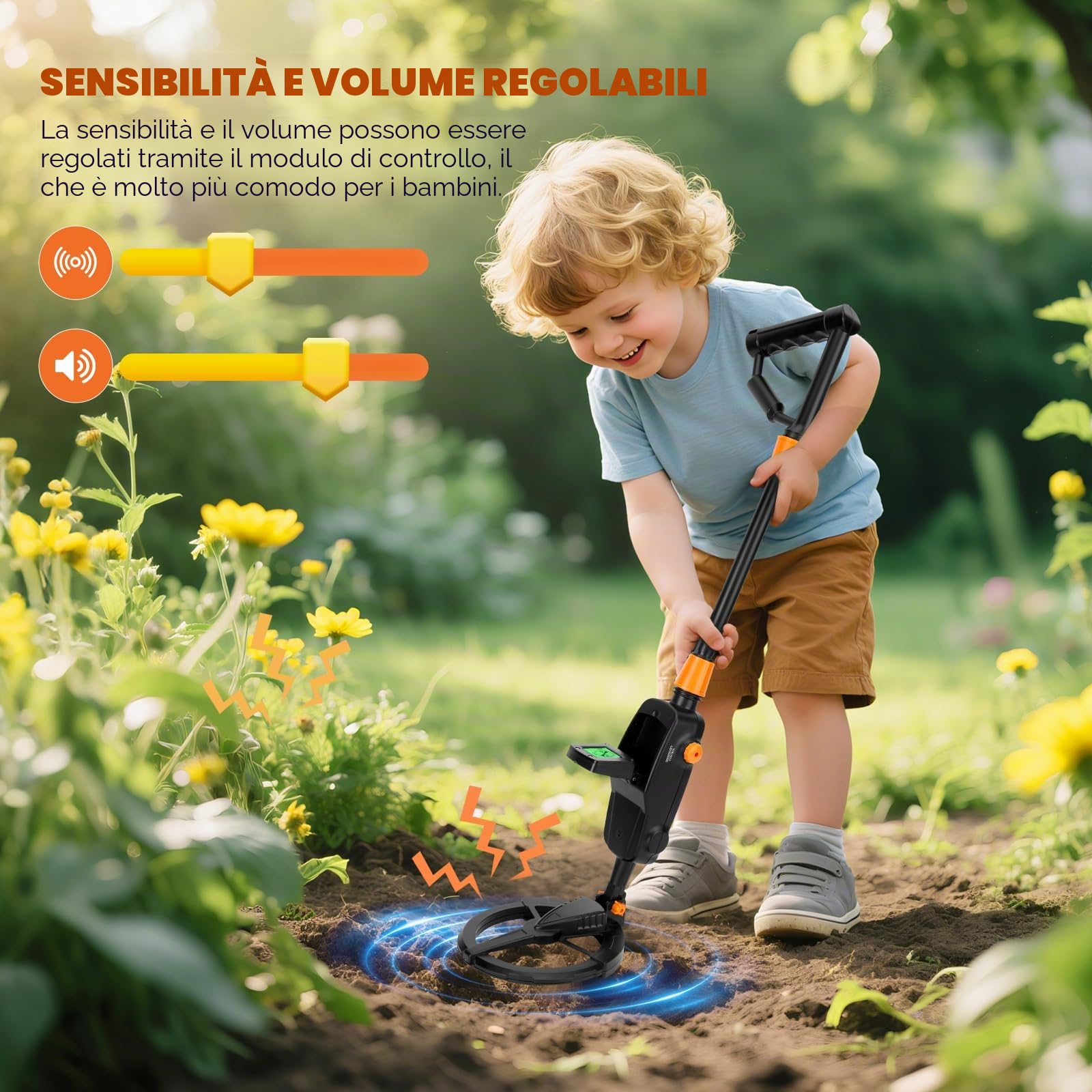 Metal Detector per Bambini, Metal Detector Leggero IP68 con Display LCD e Indicazione Sonora, Dotato di Bobina di Ricerca Impermeabile per Bambini (incluso zaino e pala)