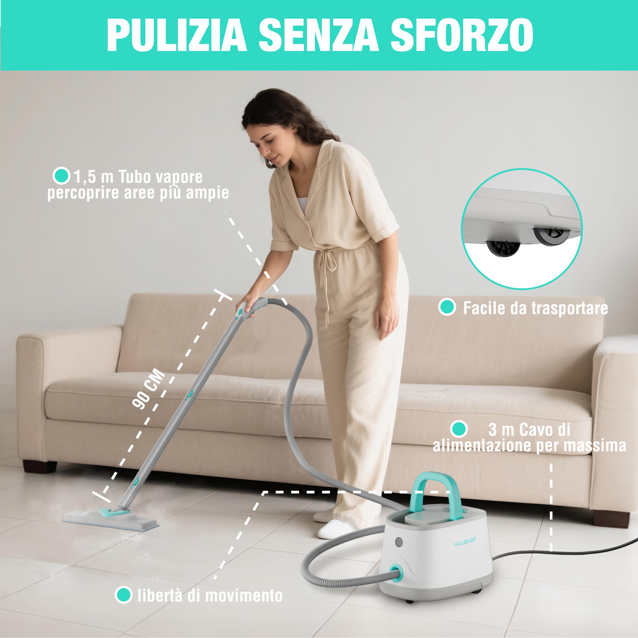 HAUSHOF Pulitore a Vapore Portatile 2000W, 1,5L, 4 Bar, 8 Min Riscaldamento, Lavapavimenti a Vapore Multifunzione con 16 Accessori e Cavo 3m, per Pavimenti, Tappeti, Finestre, Cucina