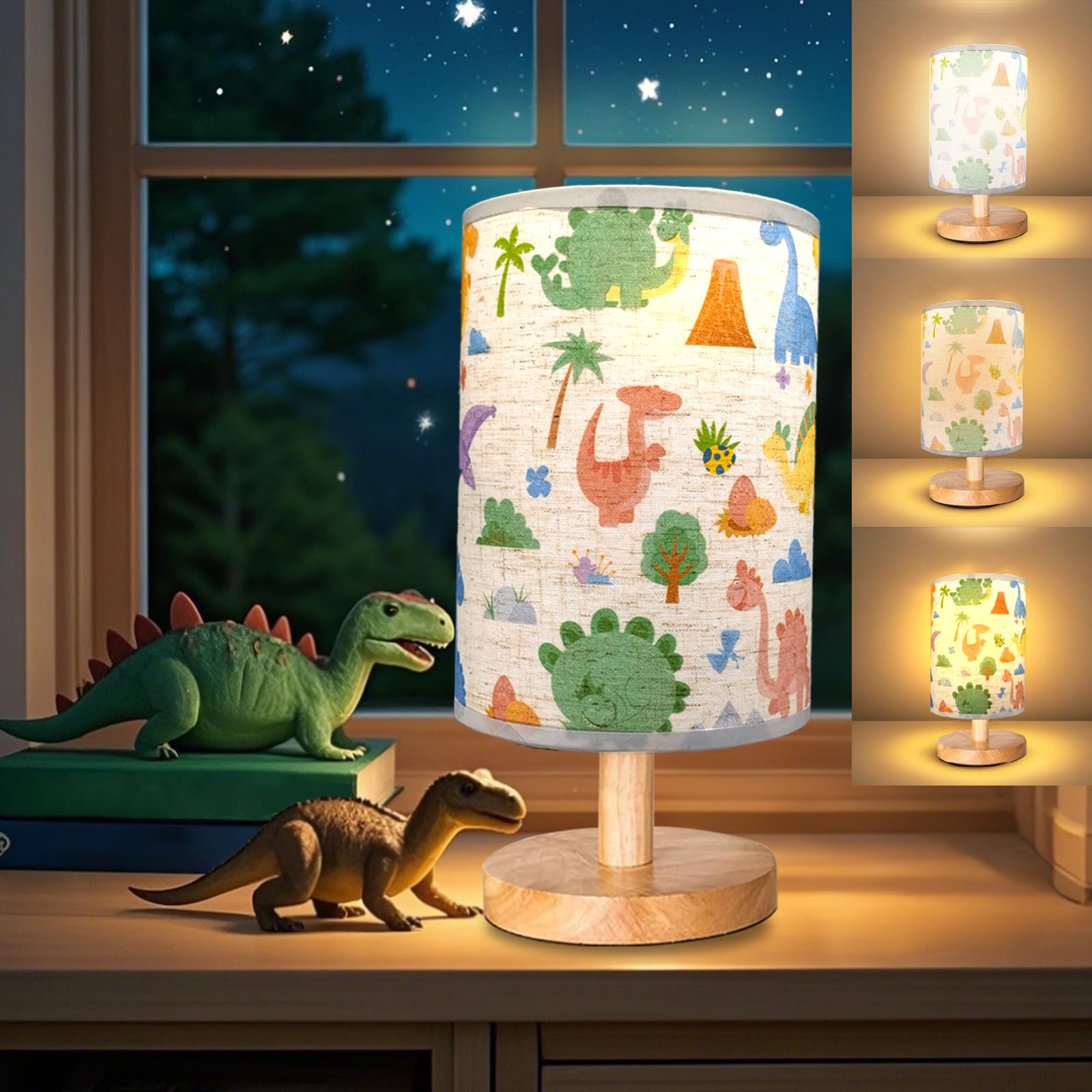 Kinder-Tischlampe für Schlafzimmer, Dinosaurier-Raumdekoration für Jungen, 3 Ebenen, dimmbar, Holz, Nachttisch, Schreibtischsockel, Flachsstoff, Lampenschirm für Schlafzimmer, Wohnzimmer