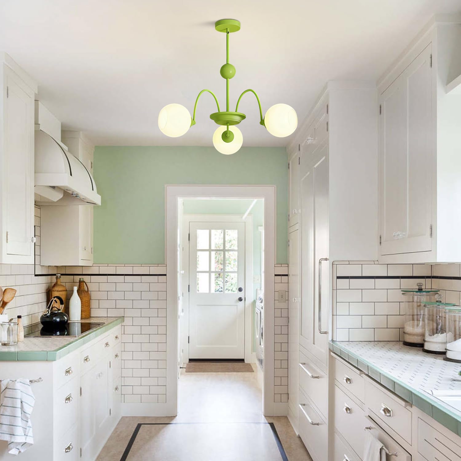 KCO Lighting Mid Century Modern 3-Light Sputnik Chandelier Milk Glass Globe Pendant Light Fixture Nordic Green Chandelier Vintage Flush Mount Ceiling Light for Kitchen Dining Room