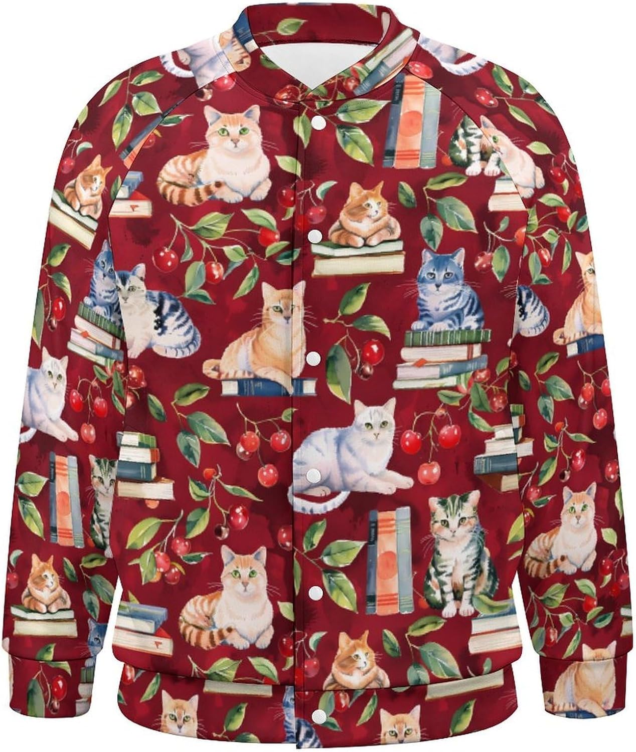 Cats Books Cherry Fruit Novelty Men's Baseball Jackets Causal Sweatshirt Button Top Long Sleeve Coat