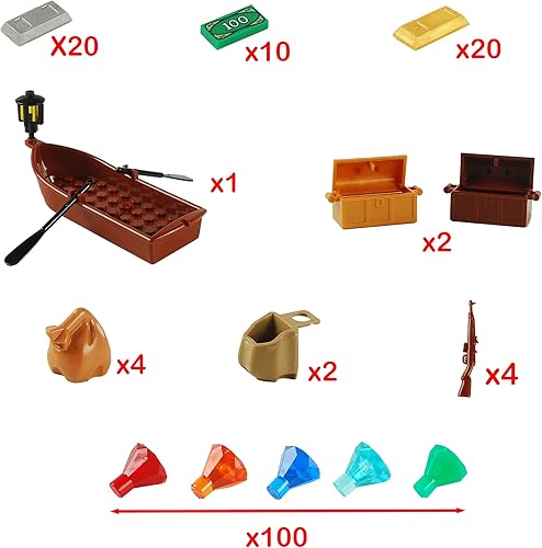 Miniatura 3 de 160 piezas de bloques de construcción pirata, accesorios de sedería, juego de cofre del tesoro, kit de ladrillos de construcción, juego de