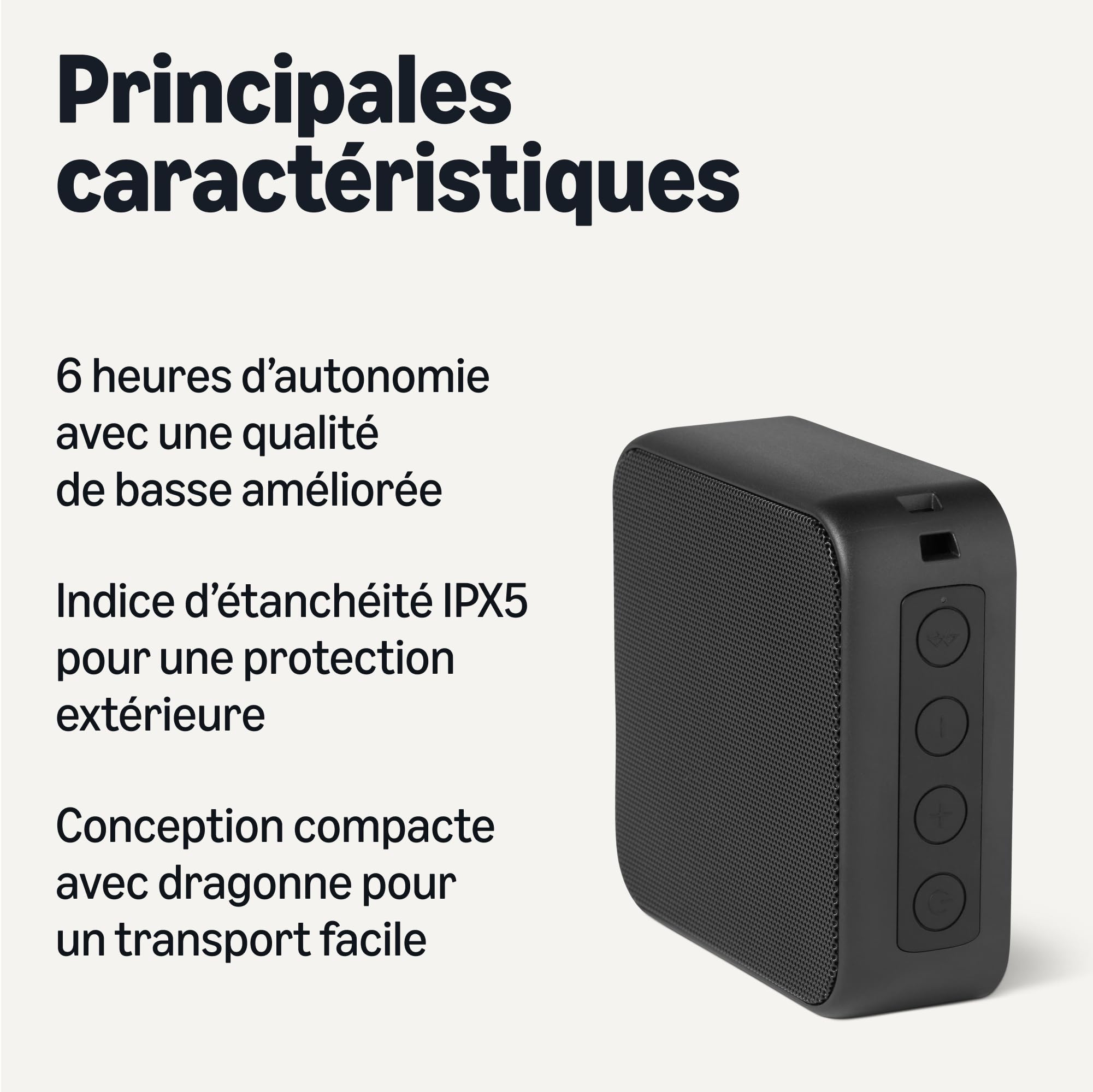 Amazon Basics Haut-Parleur Portable Bluetooth 5.3 sans Fil, Compact, 6 h d’Autonomie, Étanche IPX5, Rechargeable, Basses Améliorées, Intérieur, Extérieur, Noir