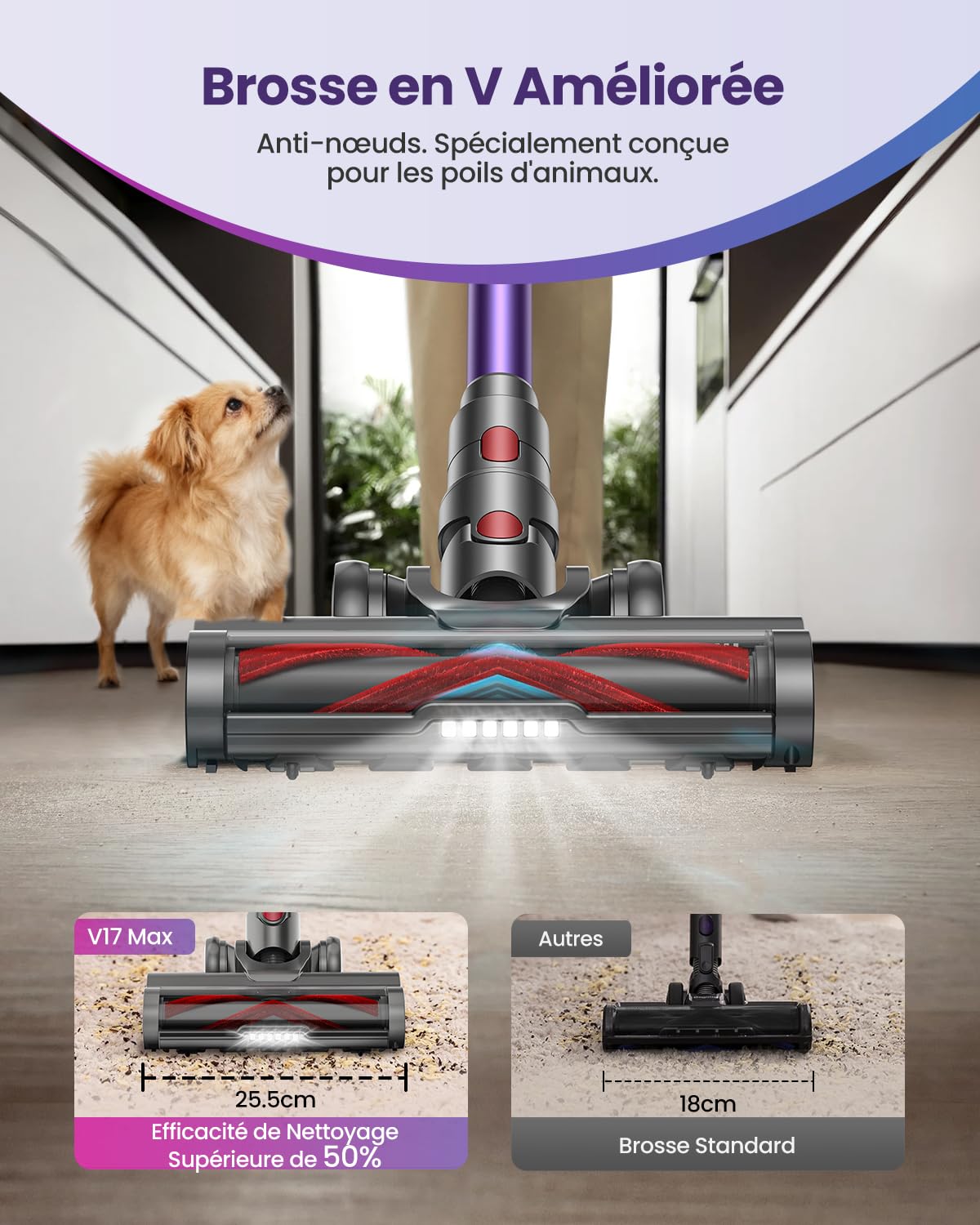 Aspirateur Balai Sans Fil avec 2 Batteries, 150Min/55KPA/600W/2.0L Aspirateur Sans Fil Puissant, Brosse Anti-Enchevêtrement/Support Mural Rechargeable/Écran LED, pour Poils d'Animaux/Tapis/Sols Durs