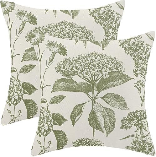 Sorktse Vintage Sage Green Floral Pillow Covers 18x18 Inch Set of 2 Boho Hydrang