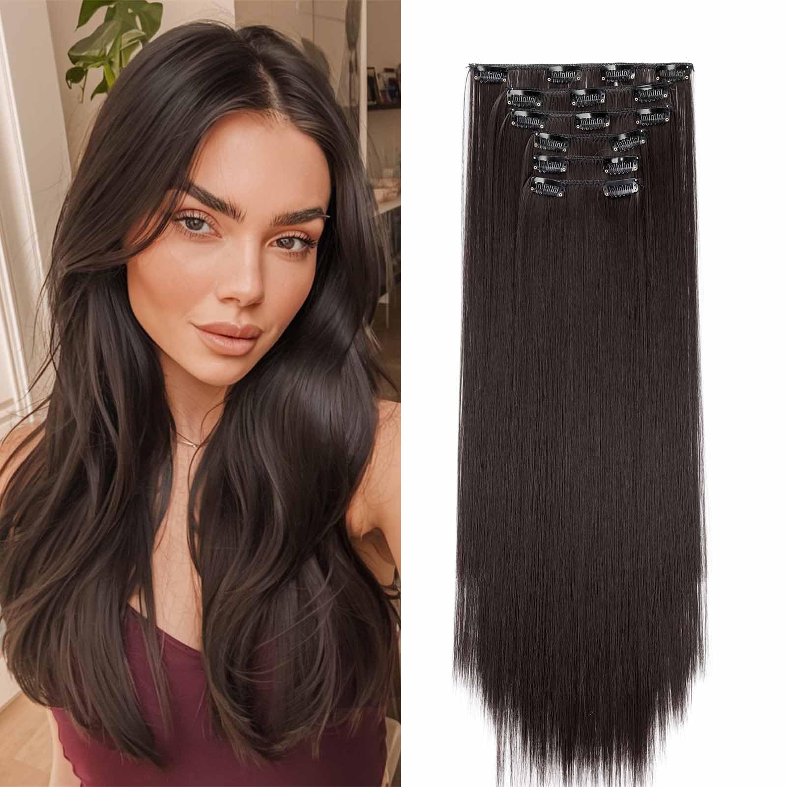 Gairyan Extension Clip Capelli Lisci 6pcs Extension Capelli Finti Clip Posticci per Capelli Naturali Sintetici Clip in Hair Extension Morbido Parrucchino Lungo Dritto Full Head, Castagna