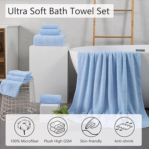 Miniatura 2 de Juego de 8 toallas de baño azules de gran tamaño, 2 toallas de baño extragrandes, 2 toallas de mano, 4 toallas pequeñas, 600GSM, suaves, altamente