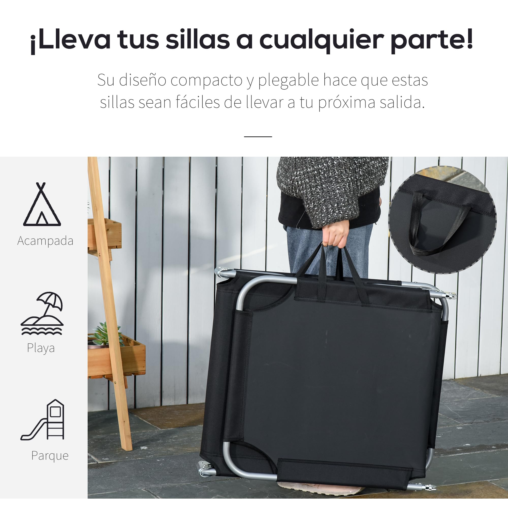 Outsunny Tumbona Plegable Tumbona Jardín Exterior con Respaldo Ajustable en 5 Posiciones y Estructura Metálica Carga 120 kg para Terraza Piscina Playa 187x55x24 cm Negro