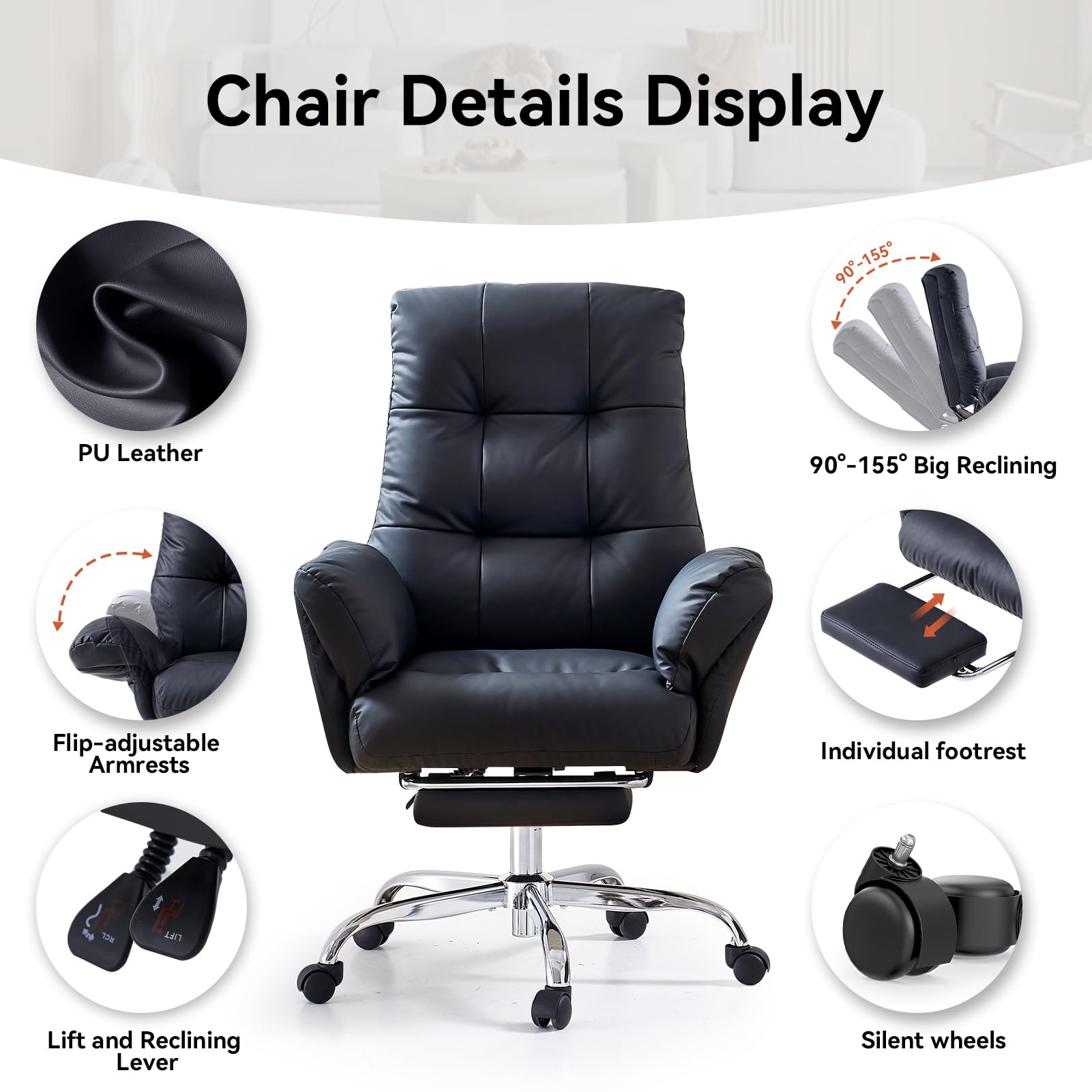EMIAH Sedia da Ufficio con braccioli ribaltabili, Criss Cross Poltrona Reclinabile da Scrivania in Pelle PU, Sedie Moderne per Vanità con Ruote, Ergonomica Sedia da Computer con Poggiapiedi, Nero