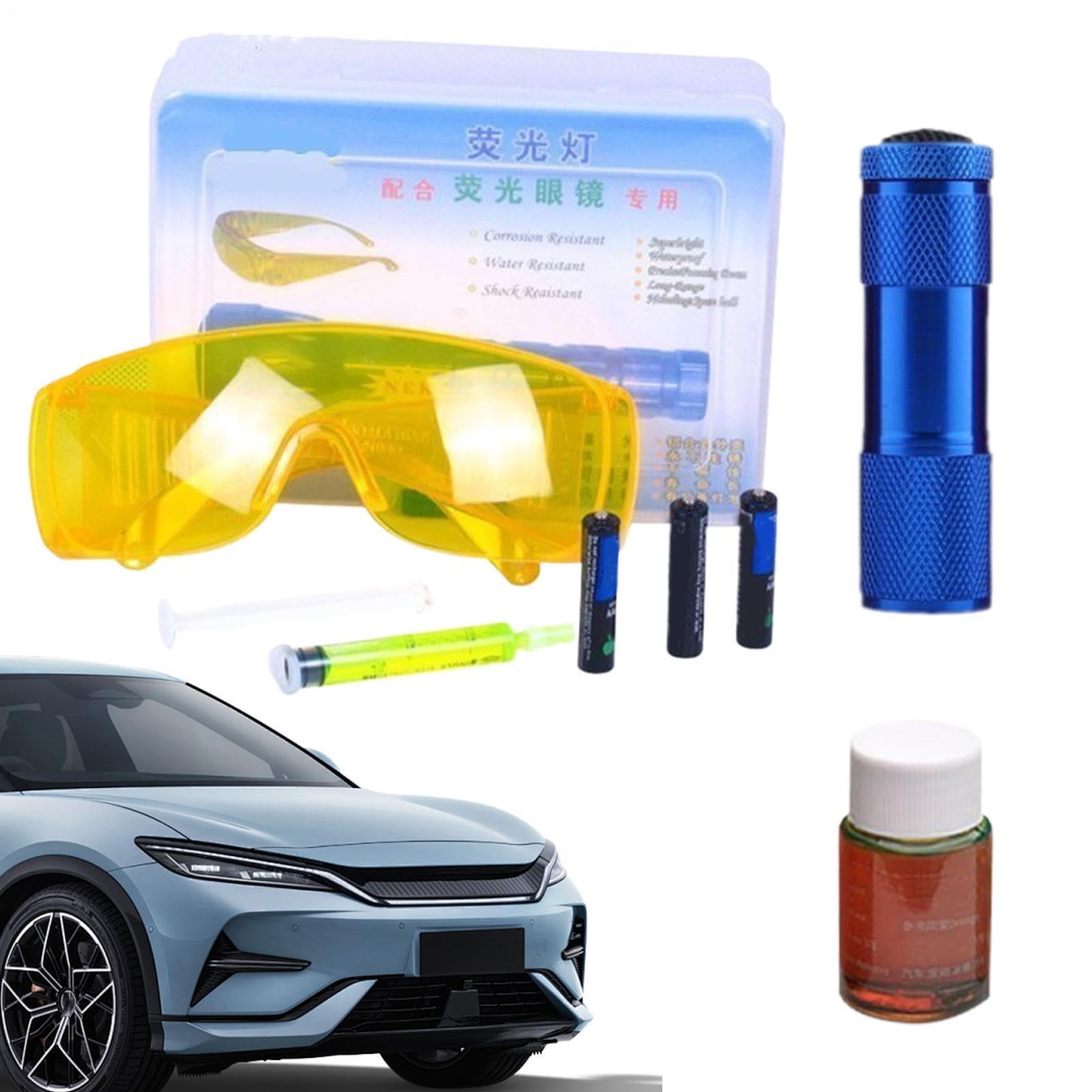 Kit Détecteur Fuite Climatisation – Lampe Torche UV Recherche Fissures | Fluide Coloré Traceur Étanchéité | Pour Auto Clim Réfrigérateur Congélateur, Lunettes Protection Incluses, Outil Haute Précisio