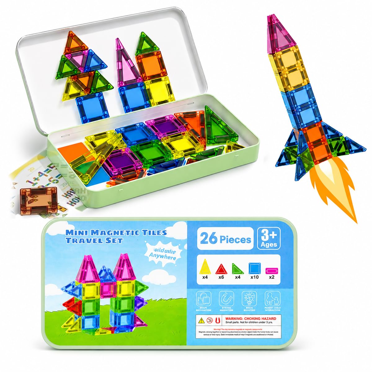 Hop N Play 26pc Mini Magnetic Tiles Blocks Building Construction Toys for Kids Ages 3 and Up Imagine and Create STEM Educational Toys for Brain Development and Develop Creativity Toy Blocks-image-28