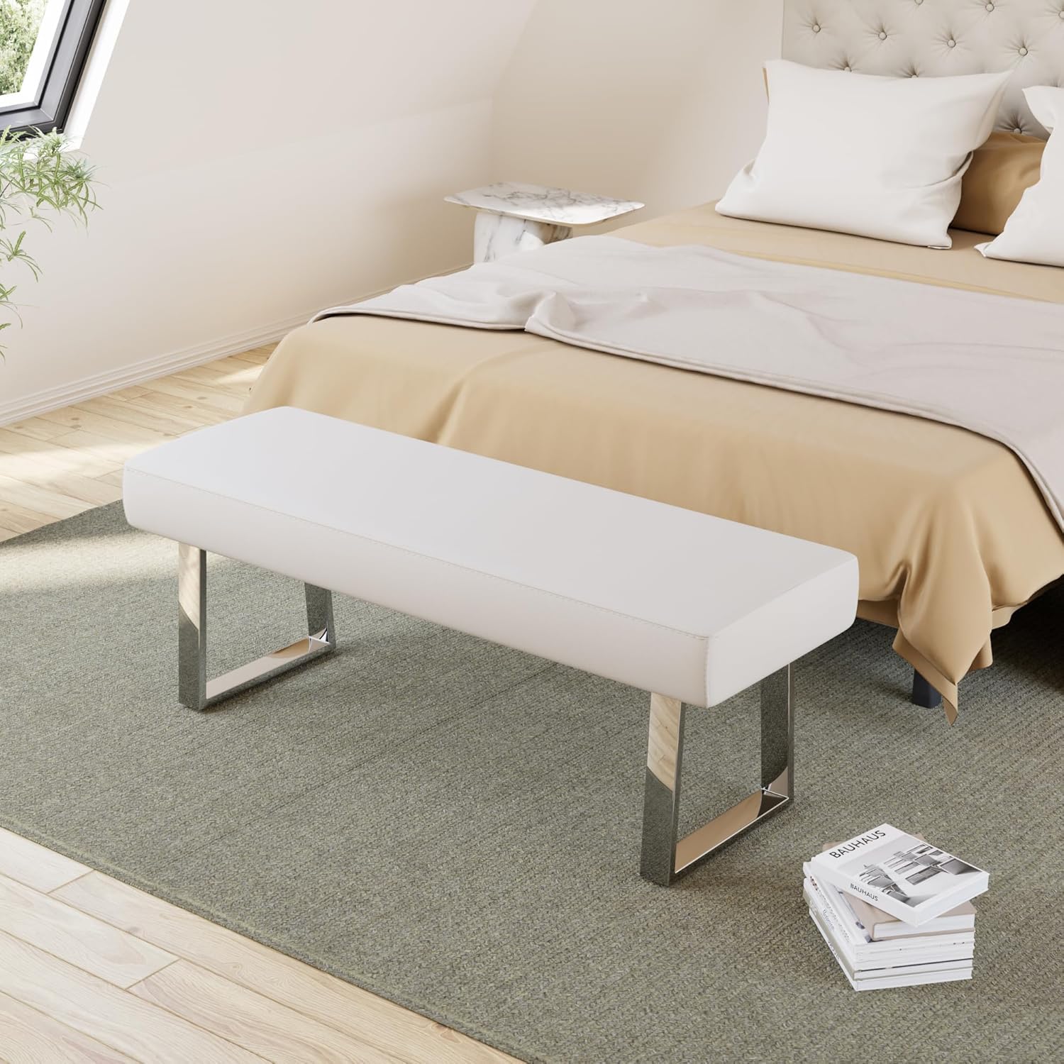 Modern White Faux Leather Upholstered Bench with Polished Chrome Metal Legs, Contemporary Rectangular Indoor Seating Furniture for Dining Room, Entryway, Hallway, and Bedroom Foot of Bed Accent Decor-image-1