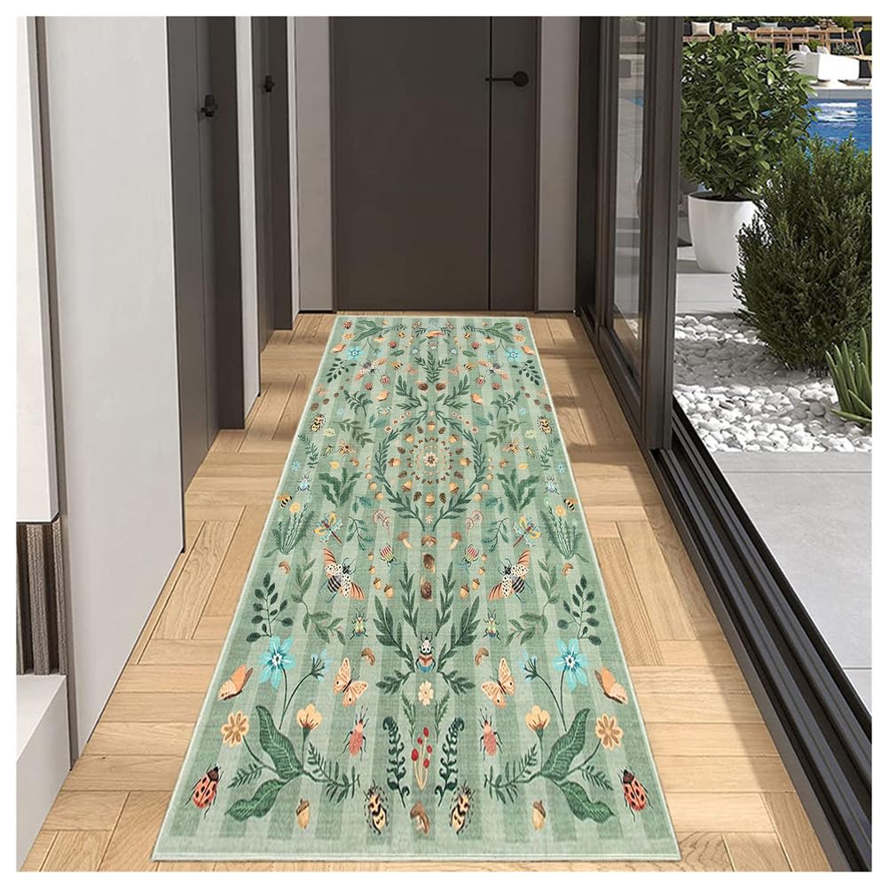 Tapis de Couloir Antidérapant Vert 80x300 cm Tapis de Cuisine Lavable en Machine Doux Vintage Motif Fleurs pour Entrée Intérieur Buanderie Terrasse Salon Chambre Moderne