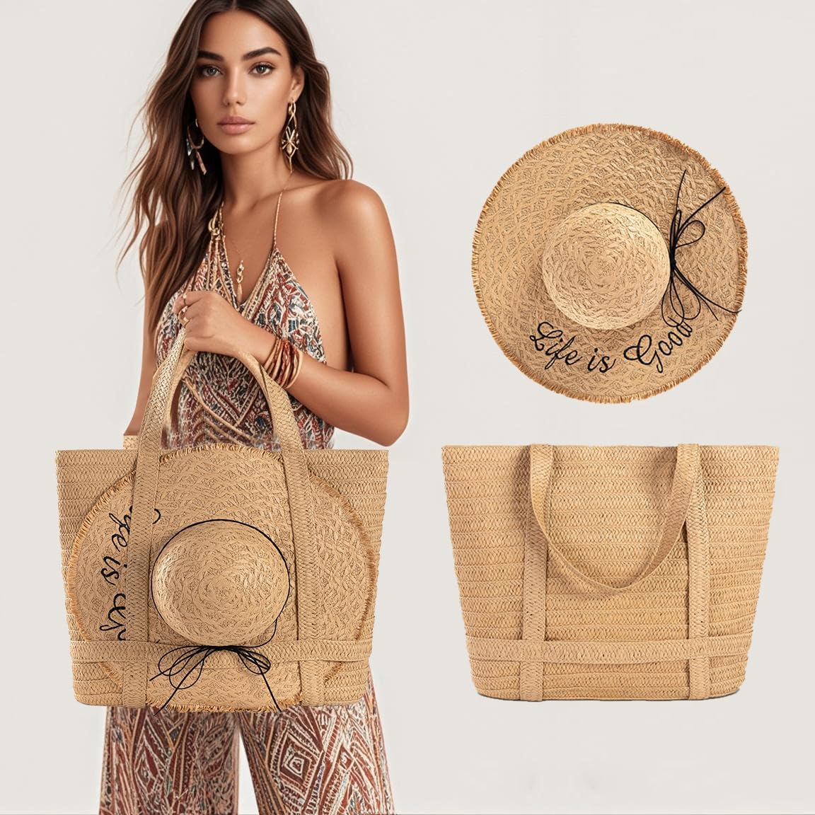 SKYK Straw Beach Tote Bag for Women-Summer Beach Handbag with Hat Holder and Sun Hat-Large Travel Tote Bags with Zipper