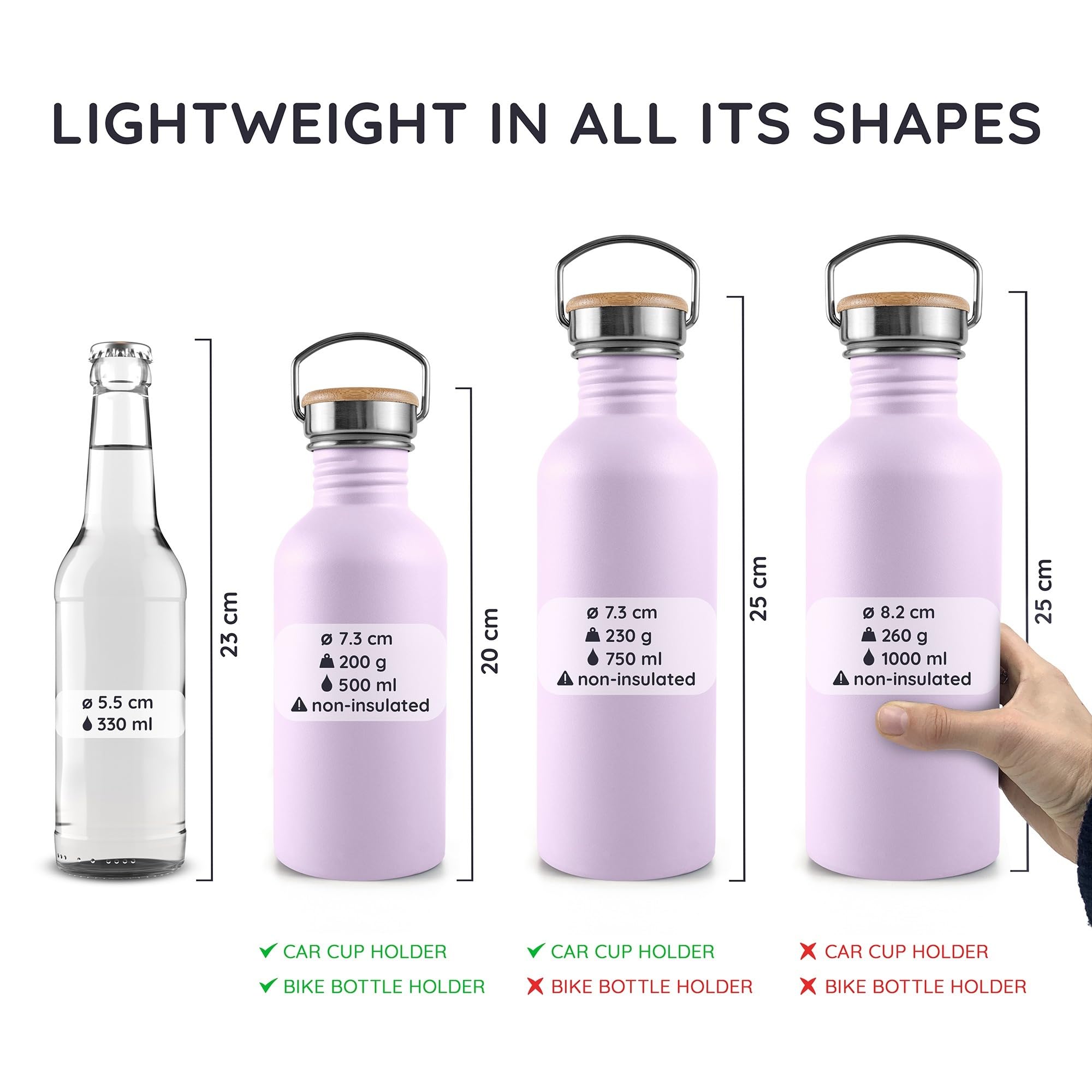 Bambaw Water Bottle 500 ml Stainless Steel, Non-Insulated Drinking Bottle, Purple, Drinking Bottle without BPA - Image 4