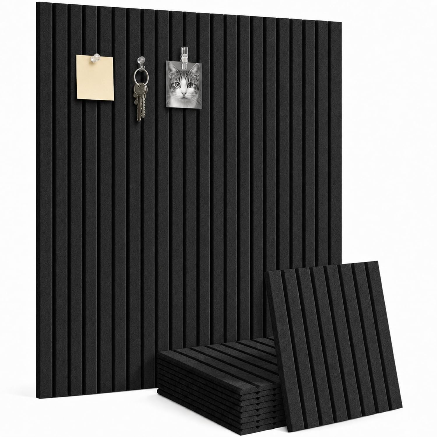 Malajess 36"x36" Felt Bulletin Board - 9 Pack Polyester Wall Tiles w/Push Pins, Clips, Hooks & 50 Removable Adhesive Tabs - Cork Alternative for Home, Dorm, Office Decor & Organization (Black)