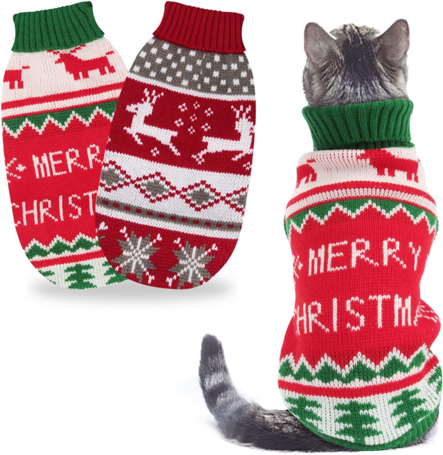 HYLYUN Cat Christmas Jumper 2 Packs - Small Dogs Christmas Sweater Pet Reindeer Snowflake Sweaters for Kittys and Puppy โ image 1