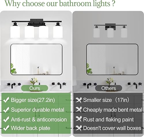 Miniatura 2 de Lámparas de baño de 4 luces, lámpara de tocador con pantallas blancas lechosas, lámparas de baño negras mate sobre el espejo, lámpara de pared