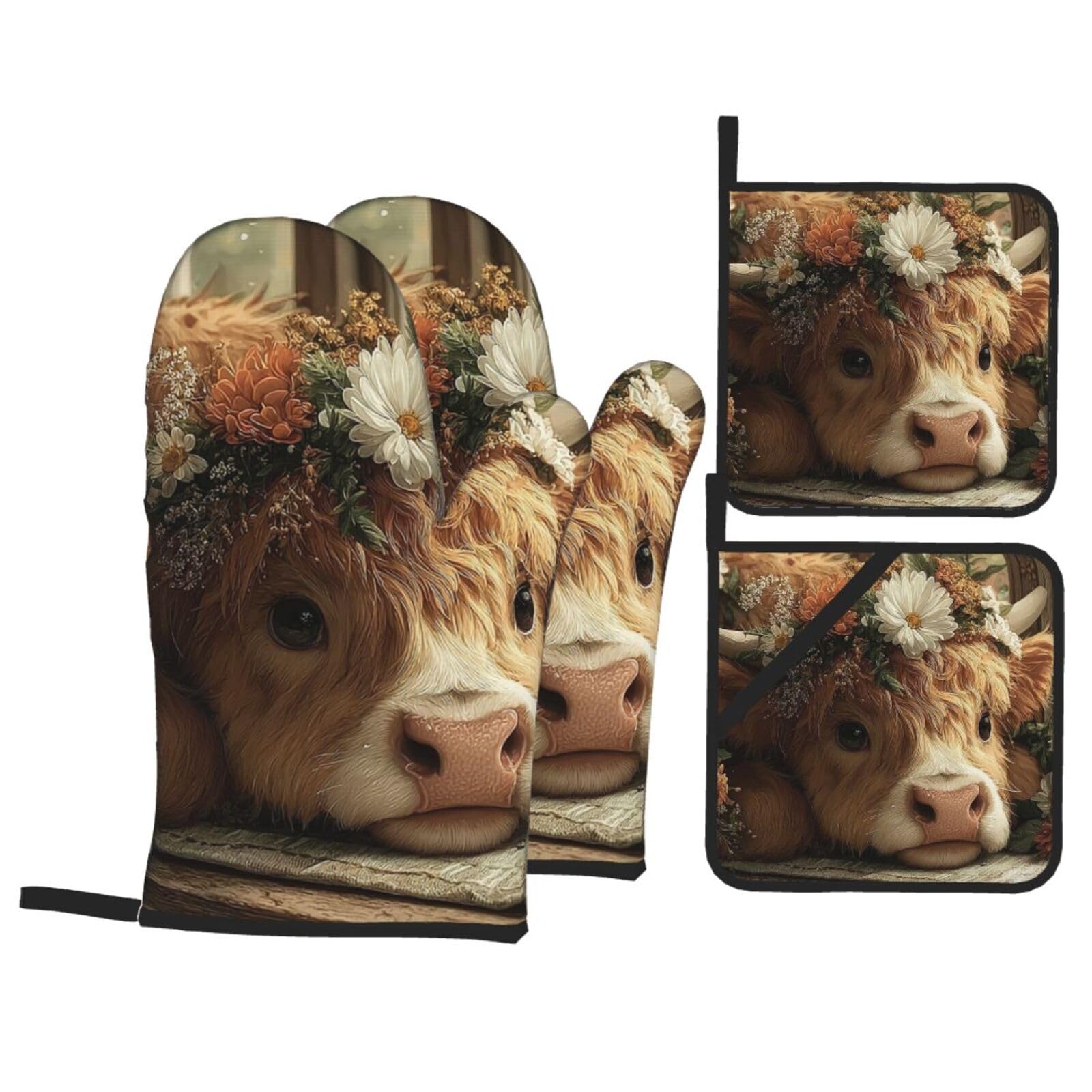 Oven Mitts and Pot Holders Sets of 4 Heat Resistant Oven Gloves Hot Pads Highland Cow Oven Mitts Non-Slip Kitchen Mitts Potholders for Cooking Baking BBQ Grilling
