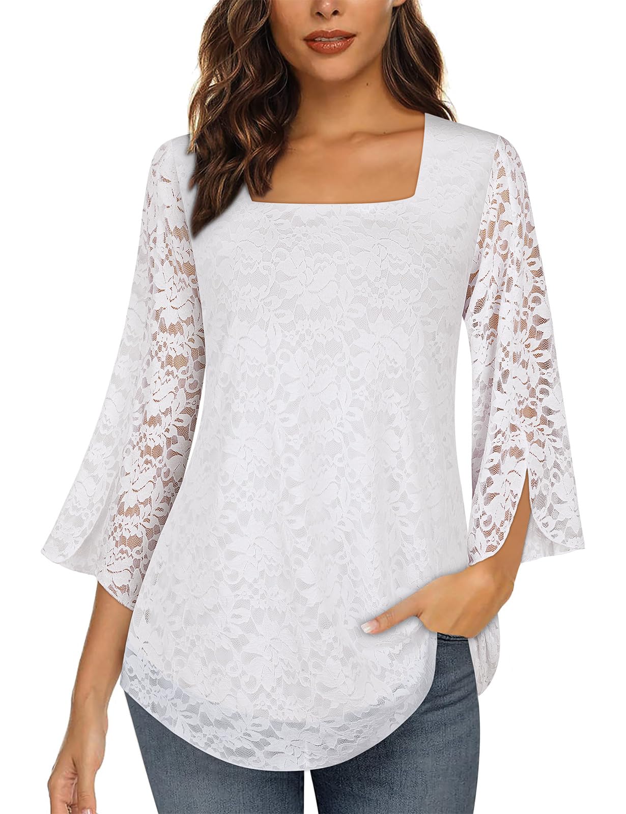 Syphiby Camicette da donna a tunica con maniche a 3/4 con volant e scollo quadrato, in chiffon, a doppio strato, taglie M-3XL