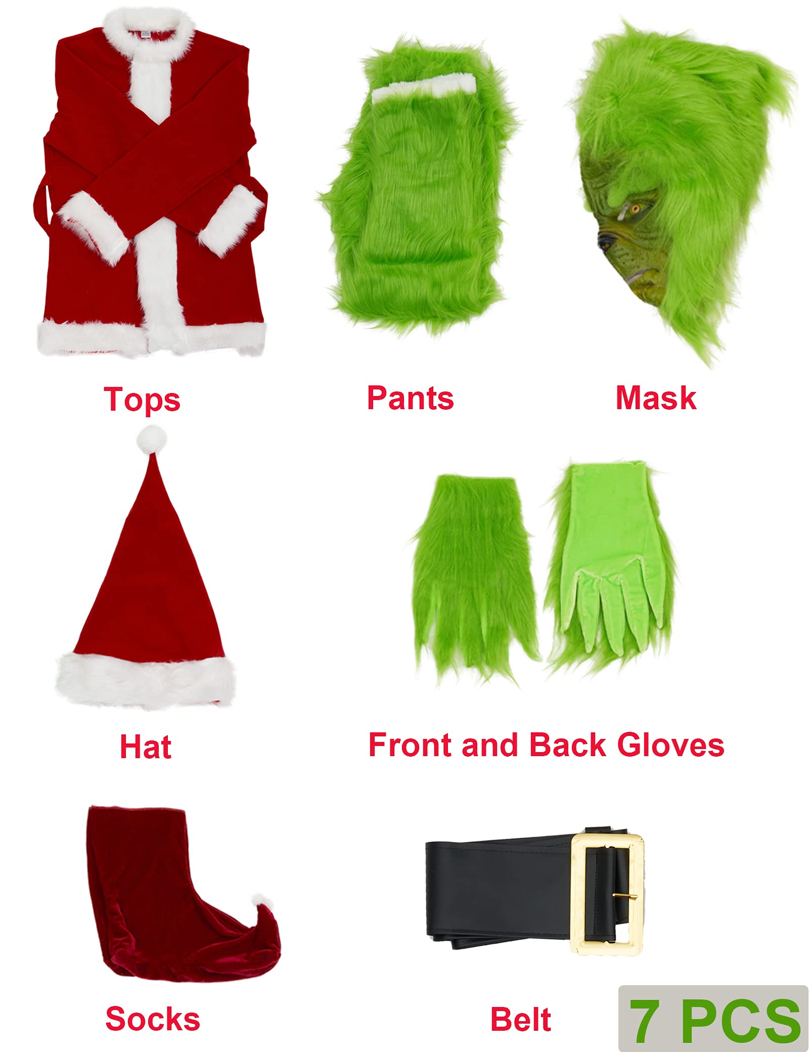Earado Christmas Green Big Monster Santa Costume for Men 7 PCS Deluxe Furry Adult Santa Suit Xmas Holiday Outfit Set