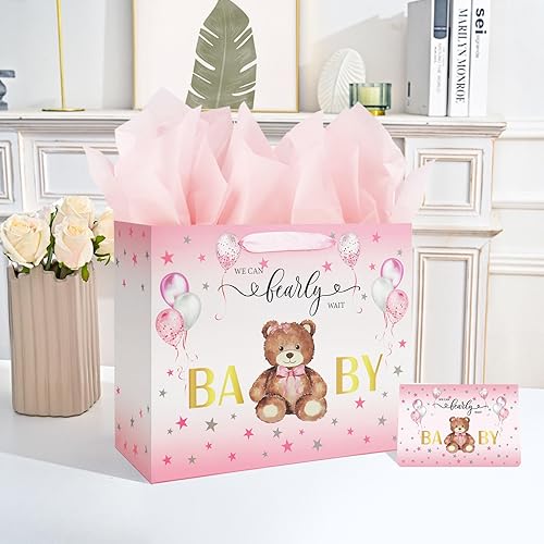 Miniatura 5 de Bolsa grande de regalo de cumpleaños para baby shower de 13 pulgadas para niña con papel de seda y tarjeta, globos rosados, diseño de oso con asas