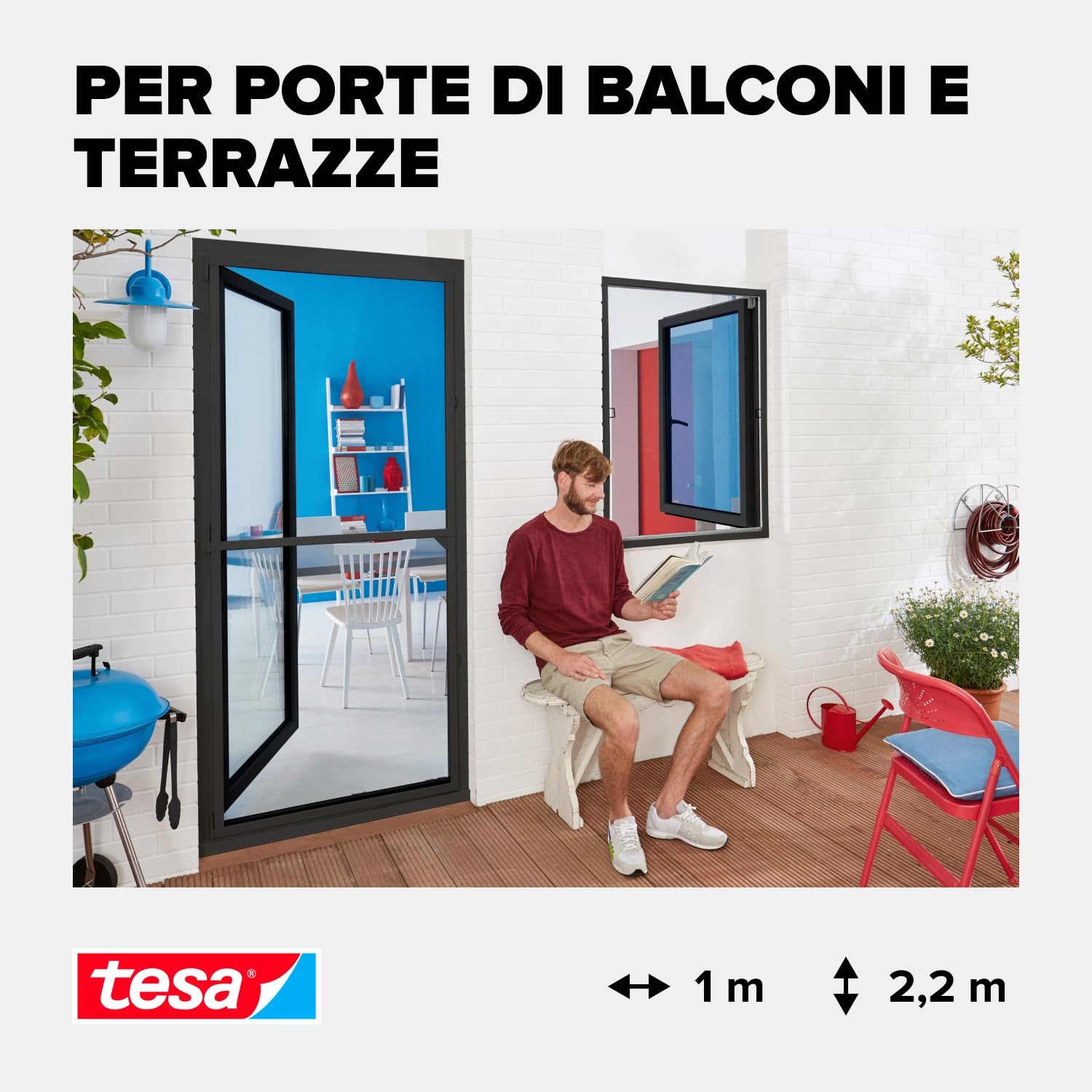 Tesa Insect Stop Alu Comfort Zanzariera per Porte con Telaio in Alluminio e " Clear-View " - Rete per Zanzare per Porta - Antracite, 100 cm x 220 cm
