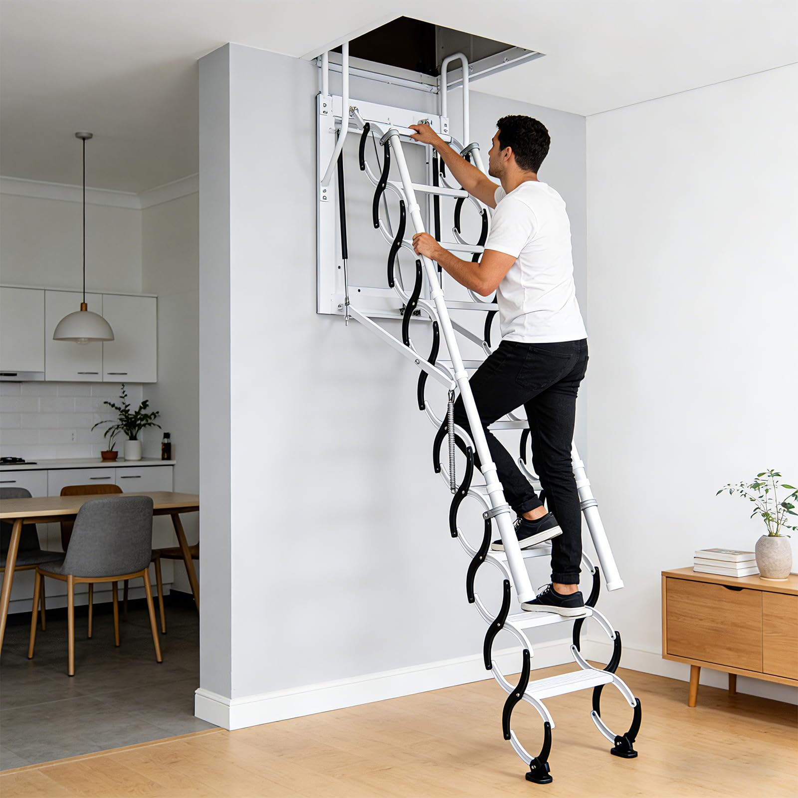 Dachbodentreppe, 9 Stufen Extra-Breite Stahl wandmontierte Versenkbare Treppe, Dachbodenleiter Ausziehbar, Dachtreppe, mit 2 Handläufen, Tragkraft 300 kg, rutschfesten Stufen