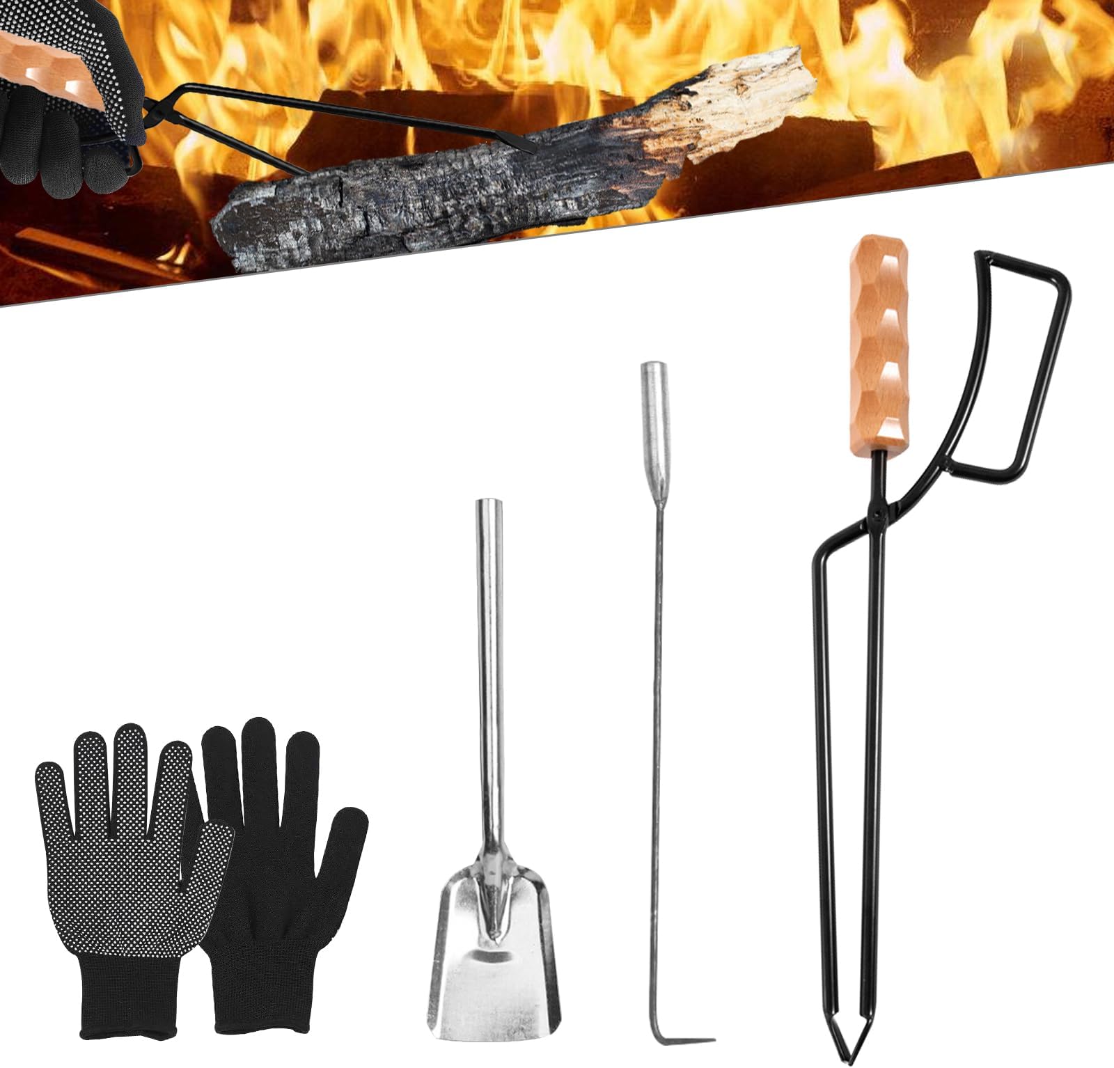 Fireplace Tool Set with Fireplace Tongs, Fire Hooks, Coal Shovel and Gloves, Heavy Fireplace Tongs with Wooden Handle, Fire Hook Coal Shovel Made of Iron, Fireplace Tool Set for Campfires and