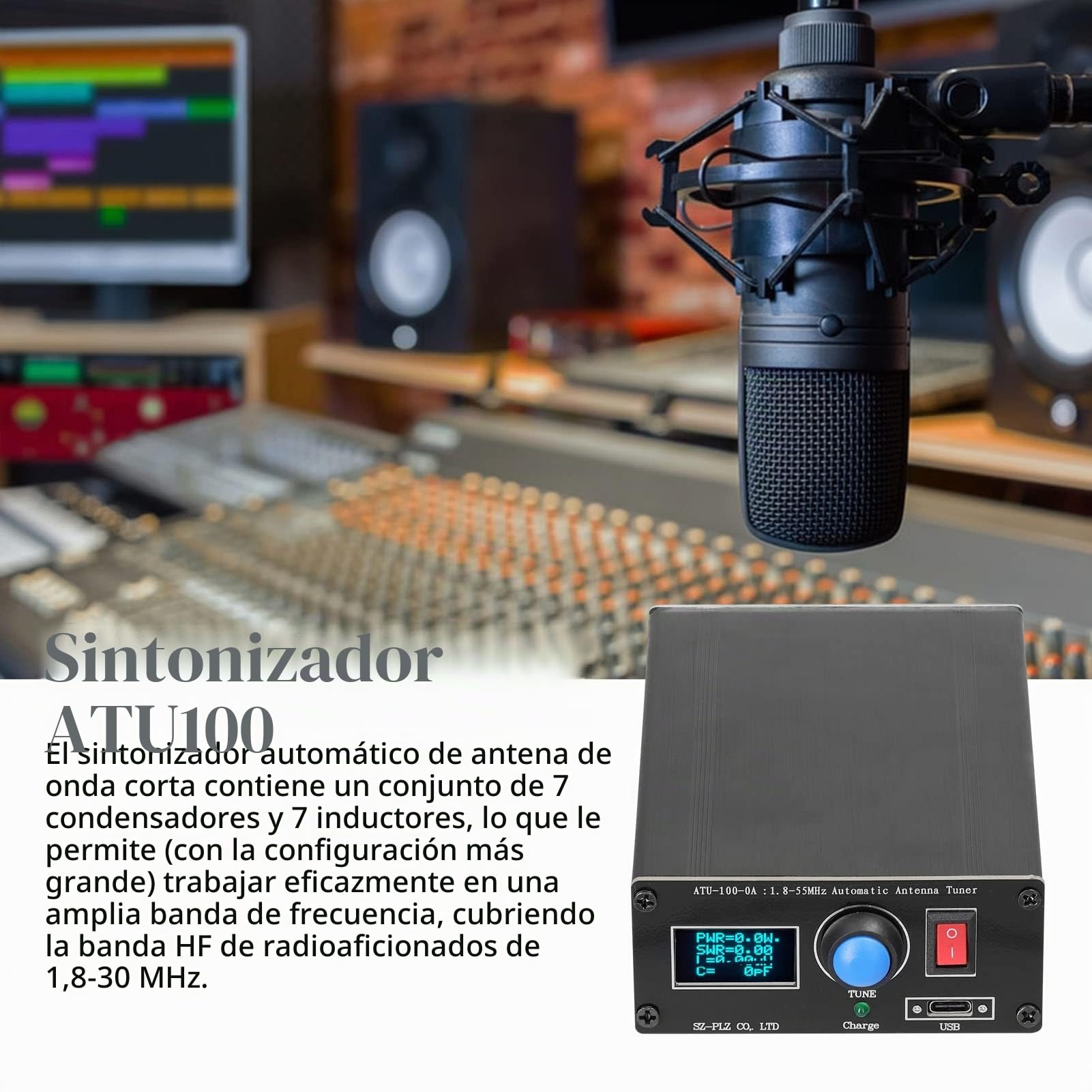 Baugger ATU-100-0A 1.8-55MHz Mini sintonizador de antena automático Pantalla OLED de 0.91 pulgadas Outcase de aleación de aluminio con batería de 1800MAh
