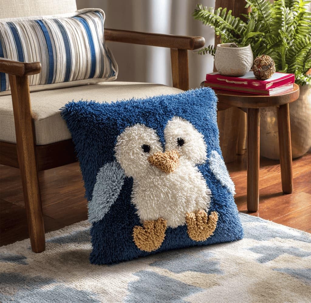 Kitquiver Latch Hook Kits Penguin for Adults,Beginners DIY Latch Hook Cushion Kits and Latch Rug Kits Cross-Stitch Embroidery Cushion Cover for Home Sofa Decoration 17X17 in