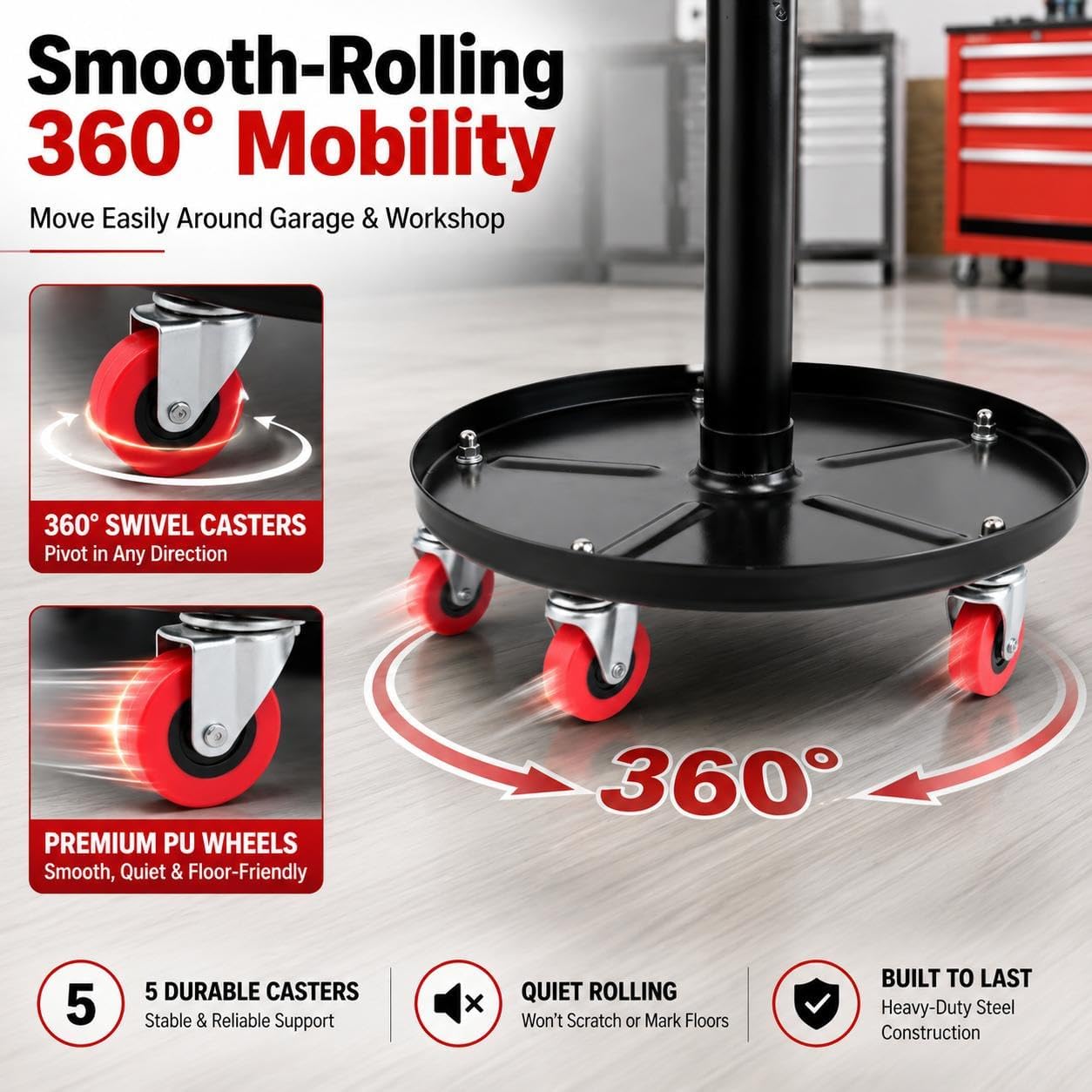 PowerSmart 360° Rolling Mechanic Stool with Tool Tray, Adjustable 18-23 Inches, 330 lbs Capacity, Comfortable & Durable for Garage/Shop Use